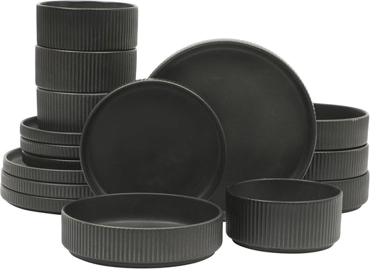 Gibson Elite Deerfield 16-Piece Stoneware Dinnerware Set – Matte Black Reactive Glaze Plates and Bowls, Stackable, Modern Design, Service for 4 – Microwave & Dishwasher Safe