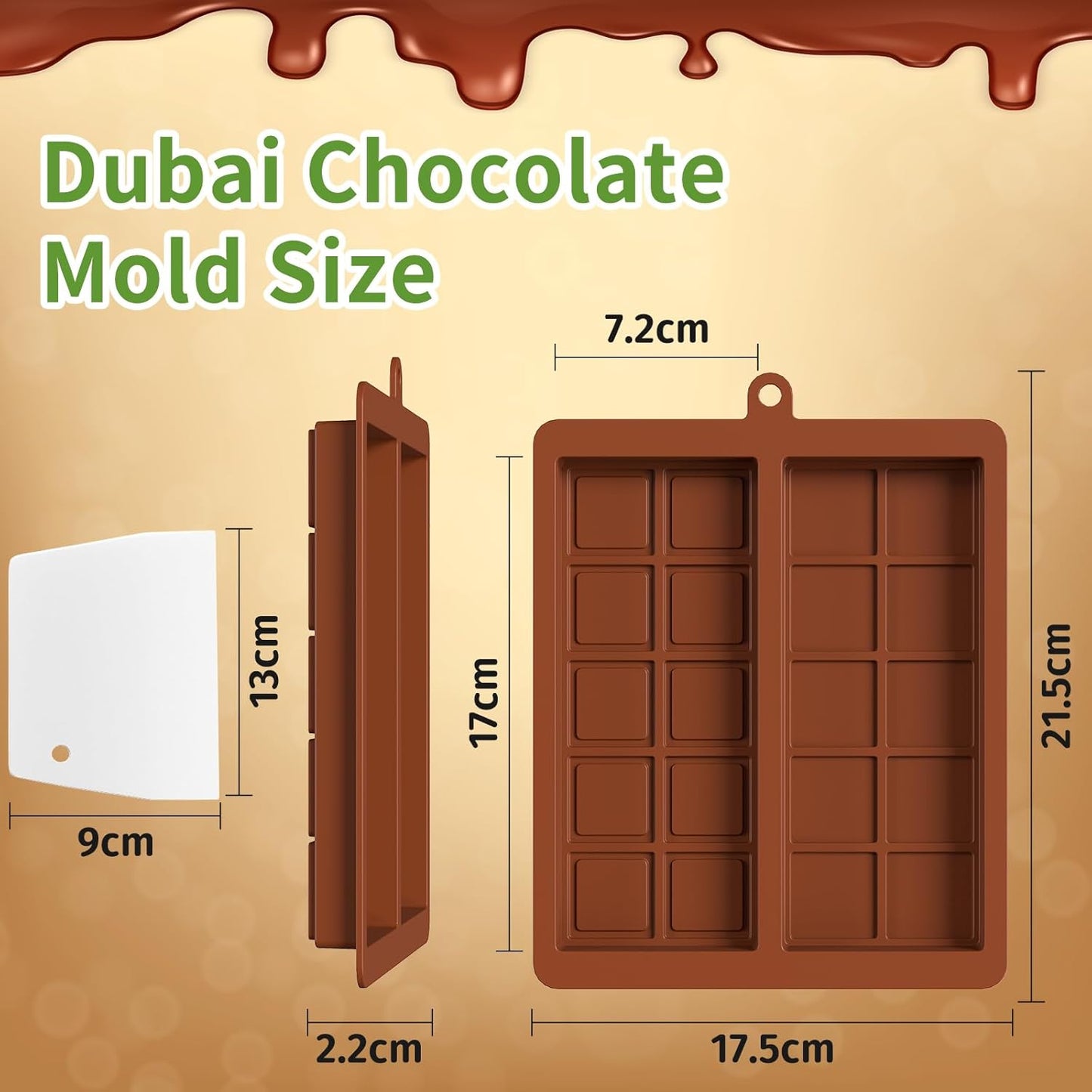 Chocolate Bar Mold,2 Pack 2 in 1 Dubai Chocolate Molds and Scraper for Stuffed Bar,Deep Large and Thick Chocolate Candy Bar Mold for Filling Knafeh Pistachio Kit