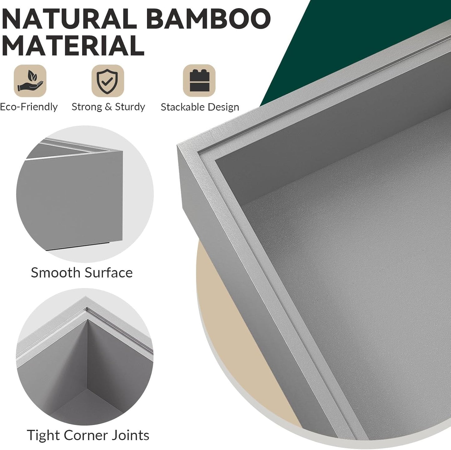 Bamboo Drawer Organizer, Extra Large Silverware Organizer for Kitchen Drawer, Stackable Utensil Organizer, 2 Pcs Toilet Tank Topper Tray, Wooden Toilet Paper Basket (Silver, 17 X 6 X 2 Inch)