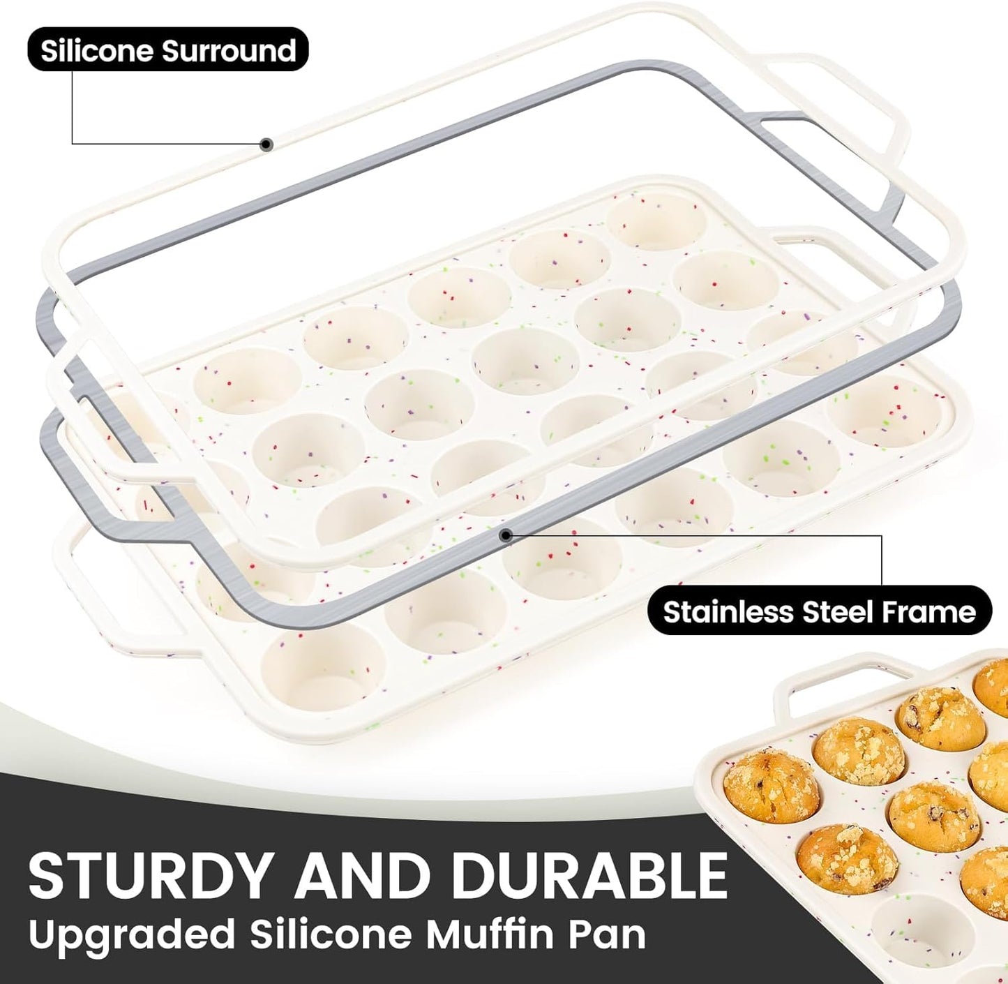 Vinino Mini Muffin Pan with Metal Reinforced Frame-1Pack, Silicone Cupcake Pan for Baking 24 Cup Mini Size, BPA Free Silicone Muffin Tray, Cupcake Baking Pan Molds for Oven Dishwasher Safe-Cream