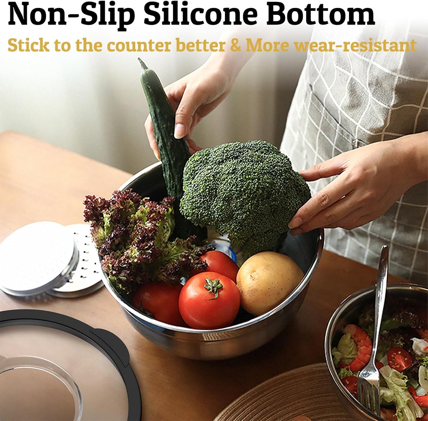 Mixing Bowls with Lids Set - Non-Slip, Airtight Warp-Proof TPR-AS Lids, Thicker Stainless Steel Bowls, Measurement Lines & 3 Graters, Prep Meal Bowl, Black Nesting Bowl for Kitchen, 5/3/2/1.5/0.63QT