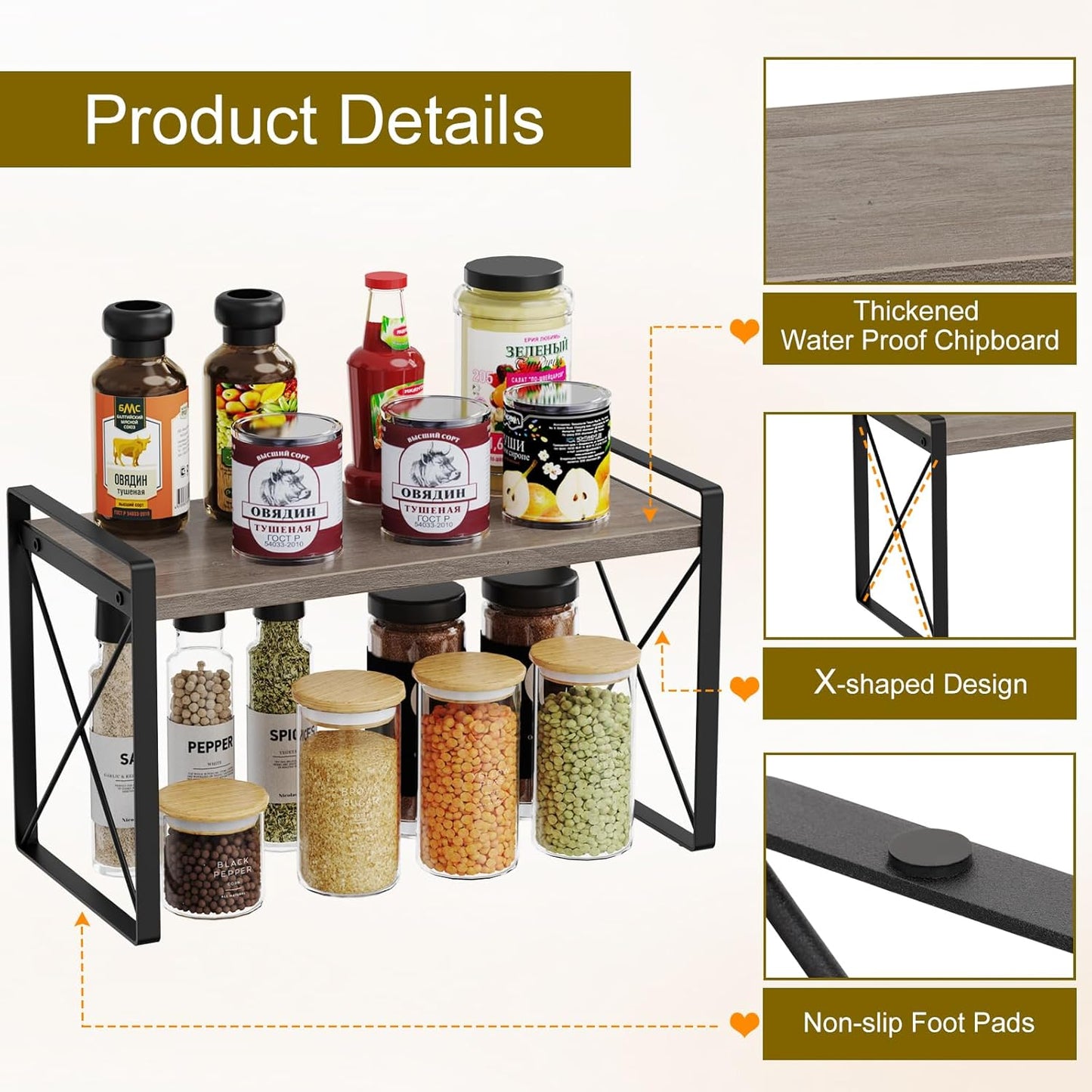 Giikin Kitchen Countertop Organizer, Wood Desk Shelf Riser, Gray Spice Rack for Kitchen Counter, Countertop, Cabinet (15.7 Inches, Gray)