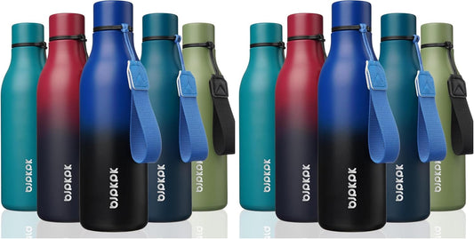 BJPKPK Insulated Water Bottles, 18 oz Stainless Steel Metal Water Bottle with Strap, BPA Free Leak Proof Thermos, Mugs, Flasks, Reusable Water Bottle for Sports & Travel, Blue Black (Pack of 2)