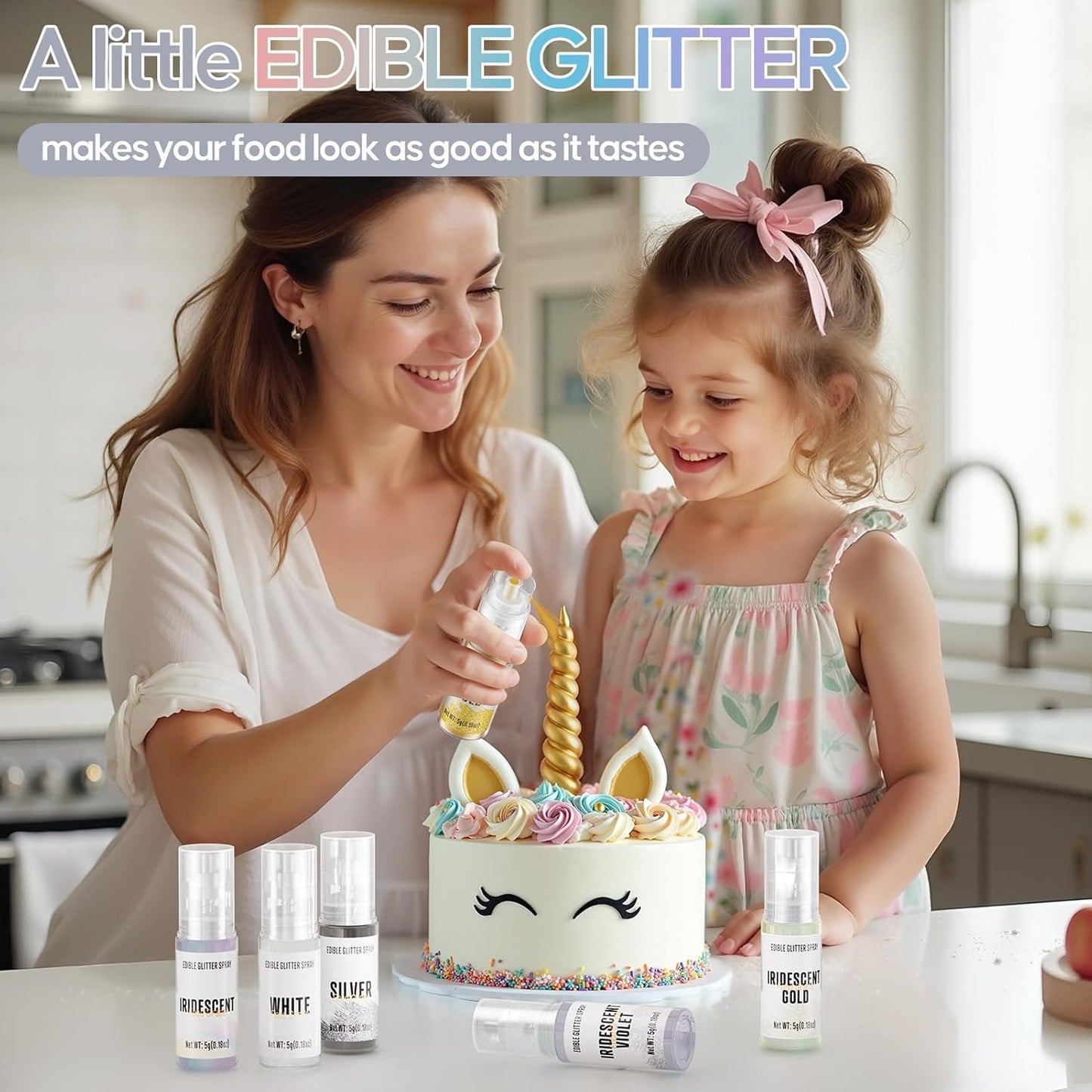 Edible Glitter Spray,2 Colors Silver & White Food Grade Edible Glitter Set for Drink Cake Beverages,Cupcakes,Cake Pops and Cookies Decorating