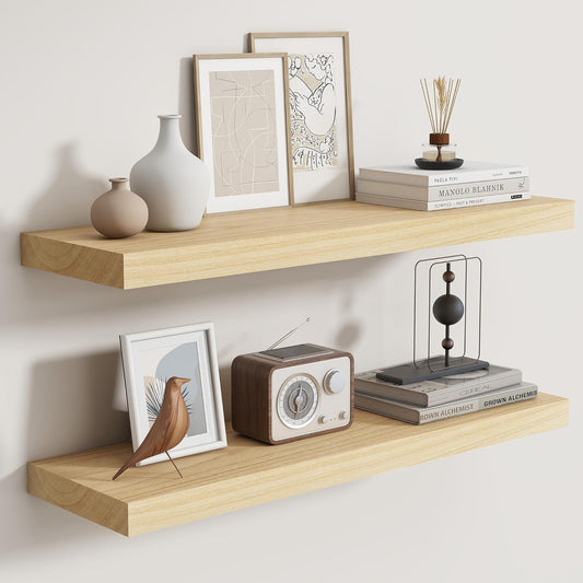 Fun Memories Rustic Floating Shelves for Home Decor, 8 Inch Deep Floating Shelf, Solid Wood Floating Wall Shelves 30 Inch Long, Deep Wall Shelves for Bathroom, Living Room, Natural Finsh, Set of 2