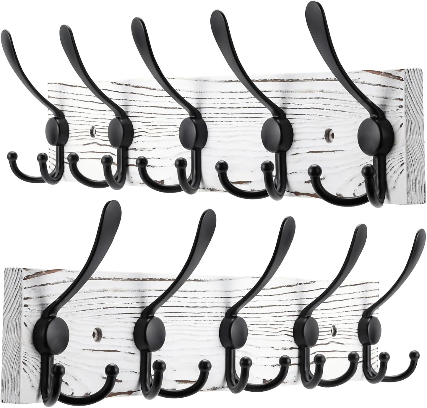 2pcs Coat Rack Wall Mount Wooden Hat Rack for Wall Hooks Pine Real Wood Plank 16.9" Old White Coat Hanger with 5 Black Triple Hooks for Hanging Coat Hat Jacket