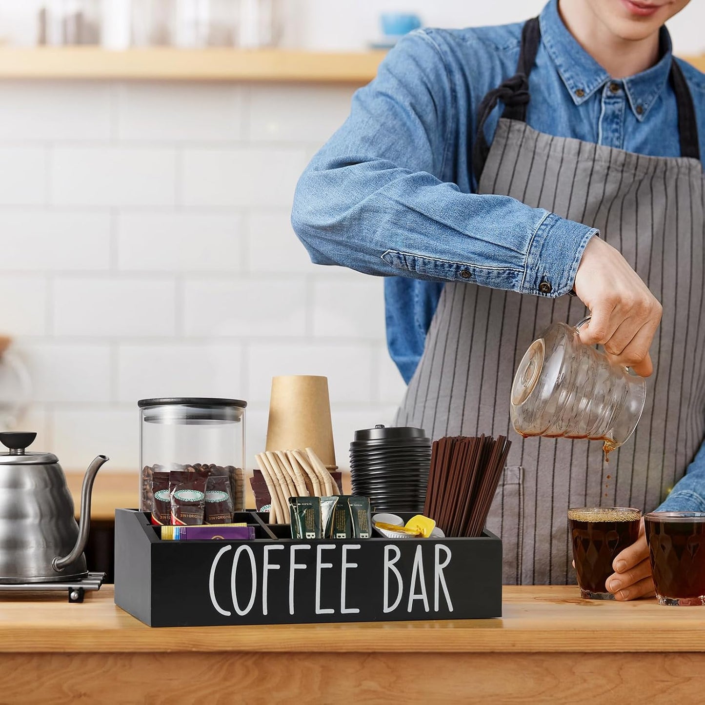 ALELION Coffee Station Organizer for Countertop - 7 Compartments Coffee Bar Accessories and Organizer with Removable Dividers - Black Coffee and Tea Condiment Organizer