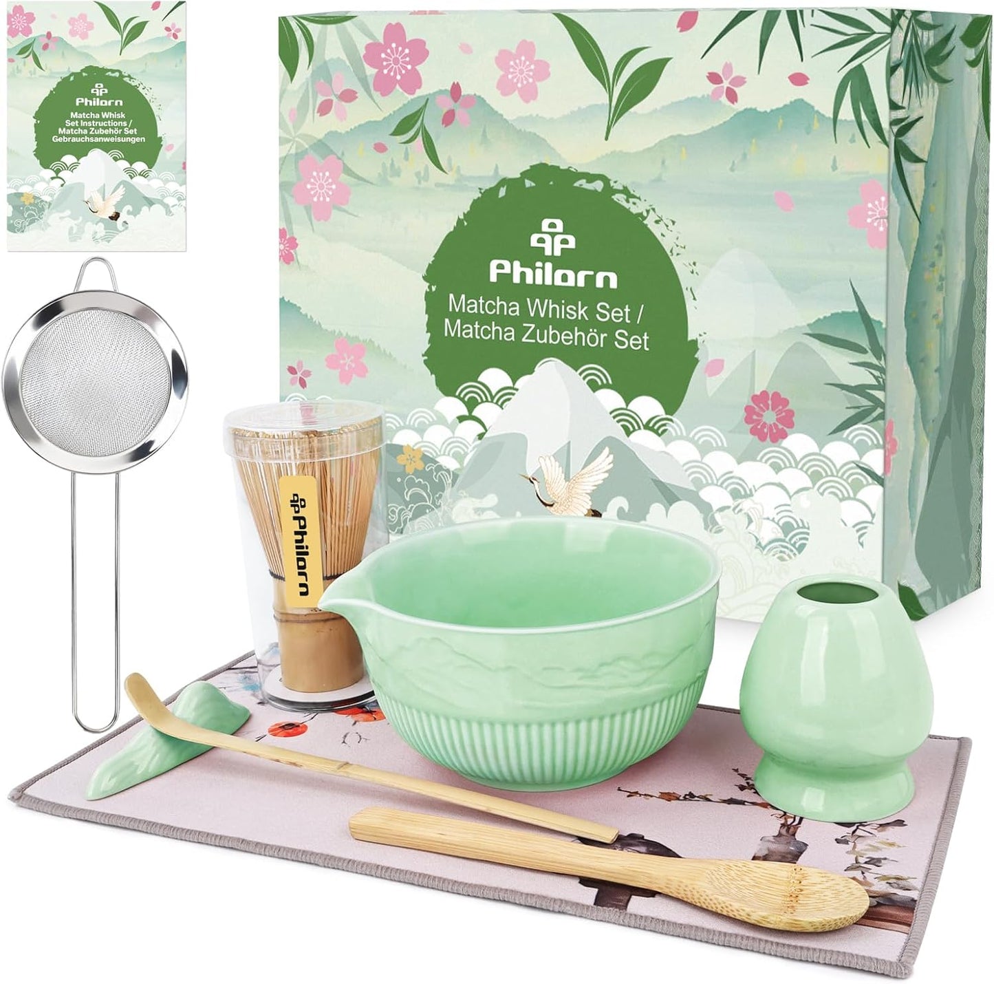 PHILORN Matcha Whisk Set 9Pcs Ceramic Matcha Kit Matcha Bowl with Spout, Whisk, Holder, Bamboo Scoop, Scoop Rest, Sifter and Tea Towe for Matcha Lover and Tea Ceremony (Cyan)