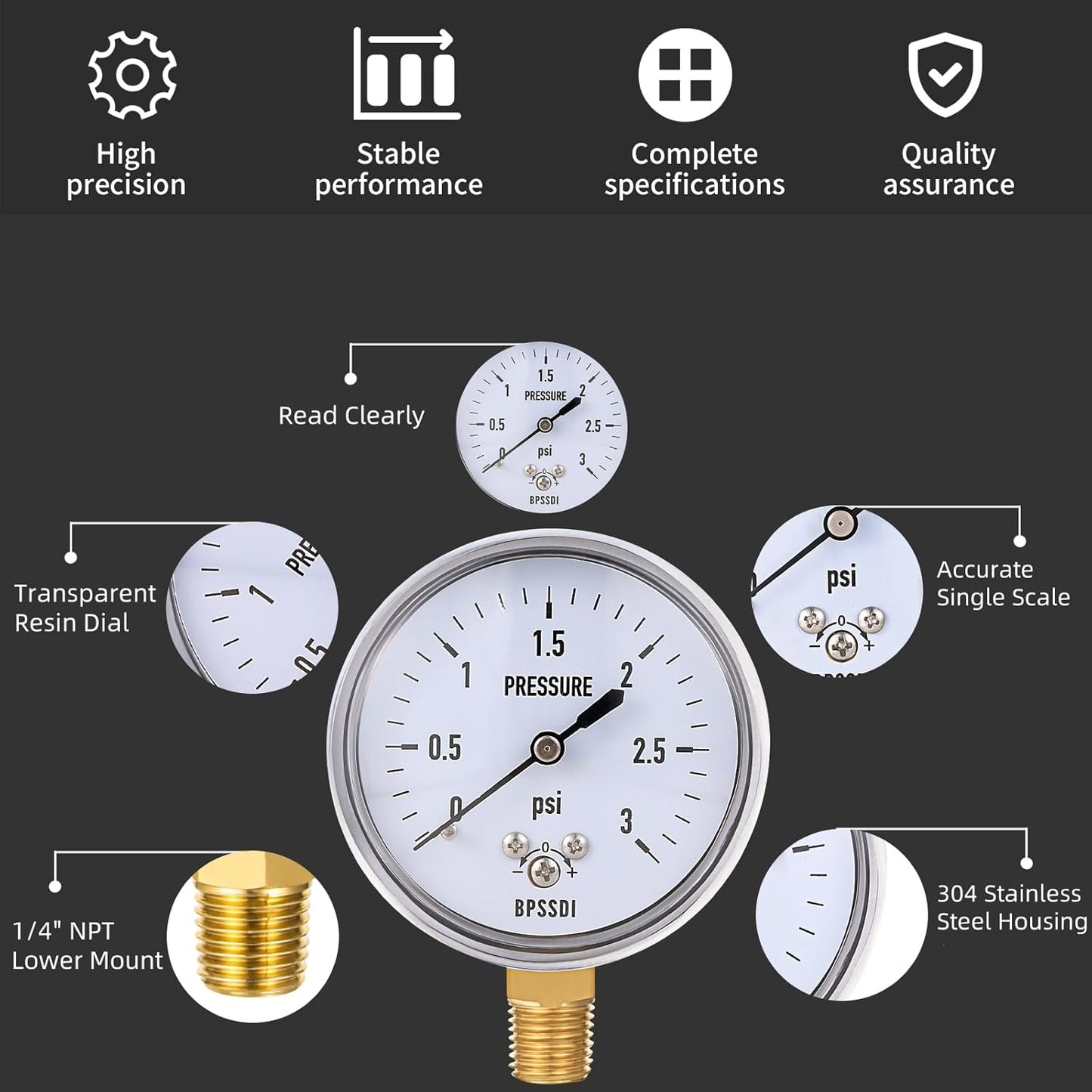 0-5 Psi Low Pressure Gauge, Capsule Gauge with 304 Stainless Steel Case, 2.5" Dial Size, 1/4" NPT Lower Mount, Zero Adjustment, for Air Water Gas Pressure Test