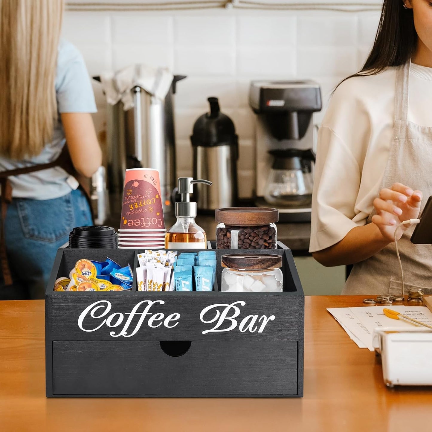 Farmhouse Wooden Coffee Bar Organizer - Countertop Station With Drawer, Pods Holder & Storage Basket