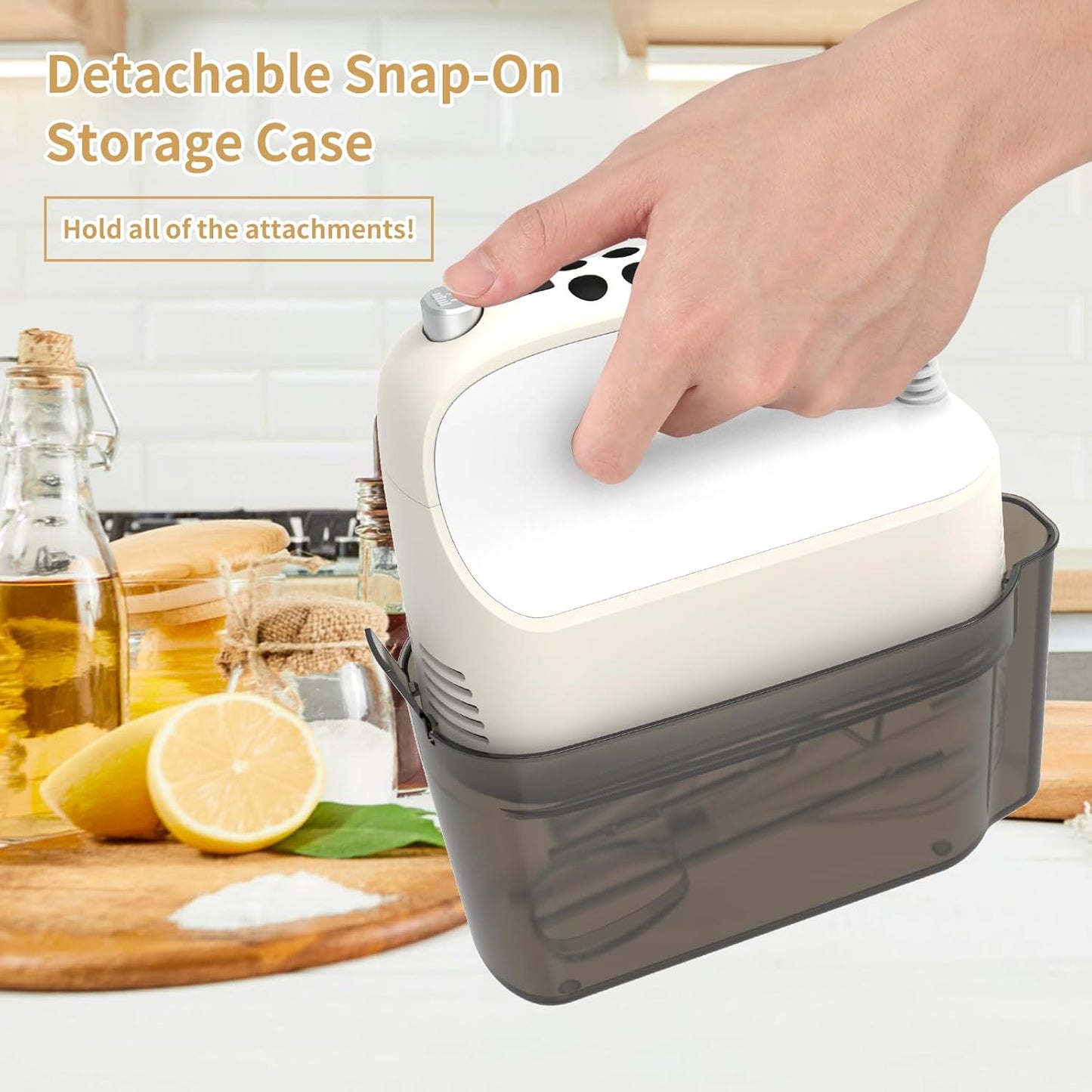 9-Speed Digital Hand Mixer Electric, 400W Powerful DC Motor, Baking Mixer Handheld with Snap-On Storage Case, 5 Stainless Steel Accessories, Flat Beaters, Dough Hooks, Whisk (Cream White)