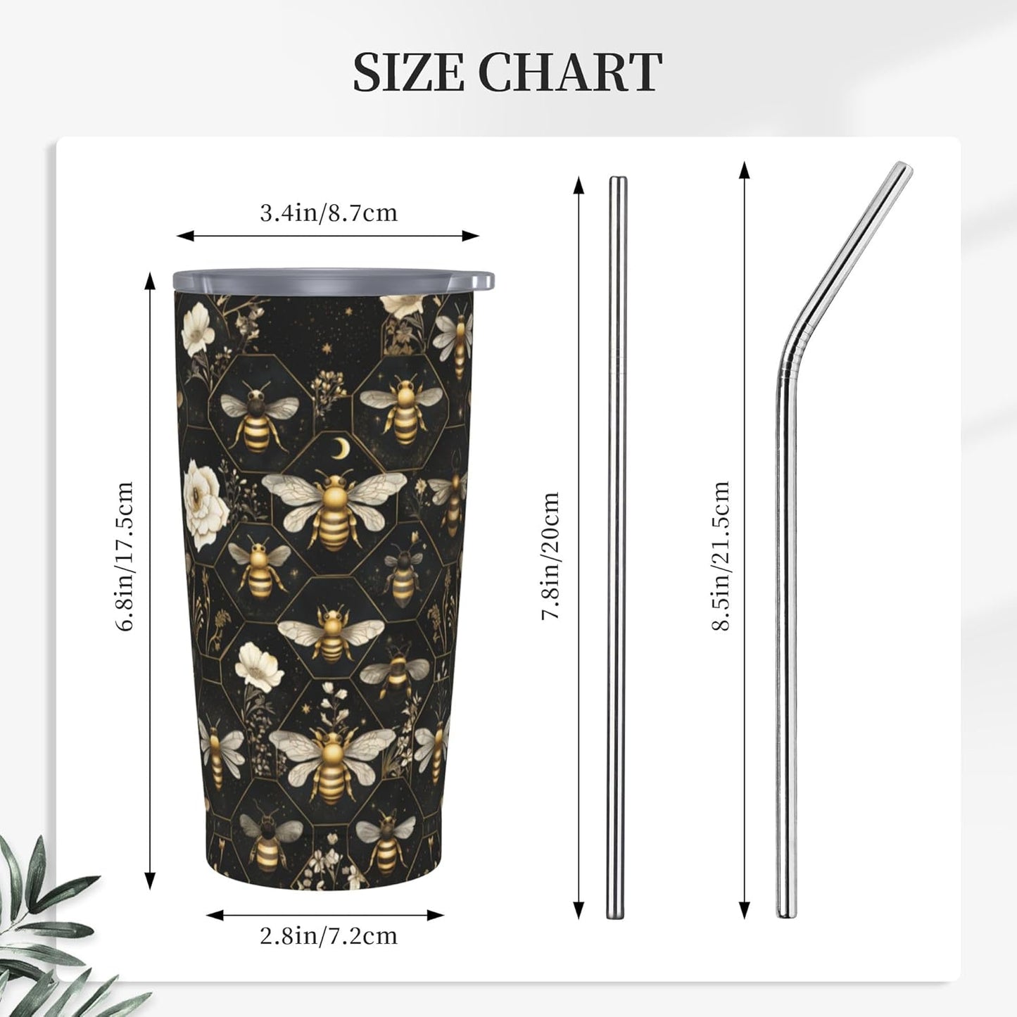 Bee Tumbler with Lid and Straw 20oz Coffee Tumblers Leakproof Stainless Steel Travel Mug Vacuum Insulated Cup for Iced and Hot