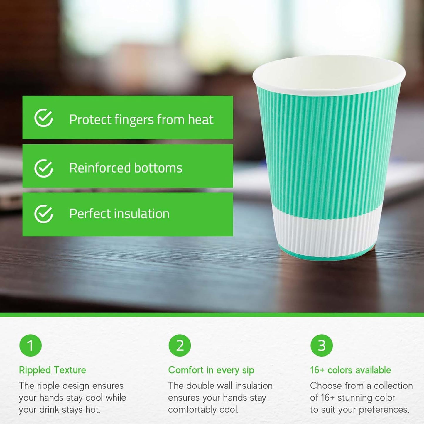 Restaurantware 12 Ounce Ripple Wall Disposable Coffee Cups, 500 Insulated Midnight Light Green Paper Tumblers with Rolled Rim Design, Lids Sold Separately for Hot Drinks like Tea, Hot Chocolate