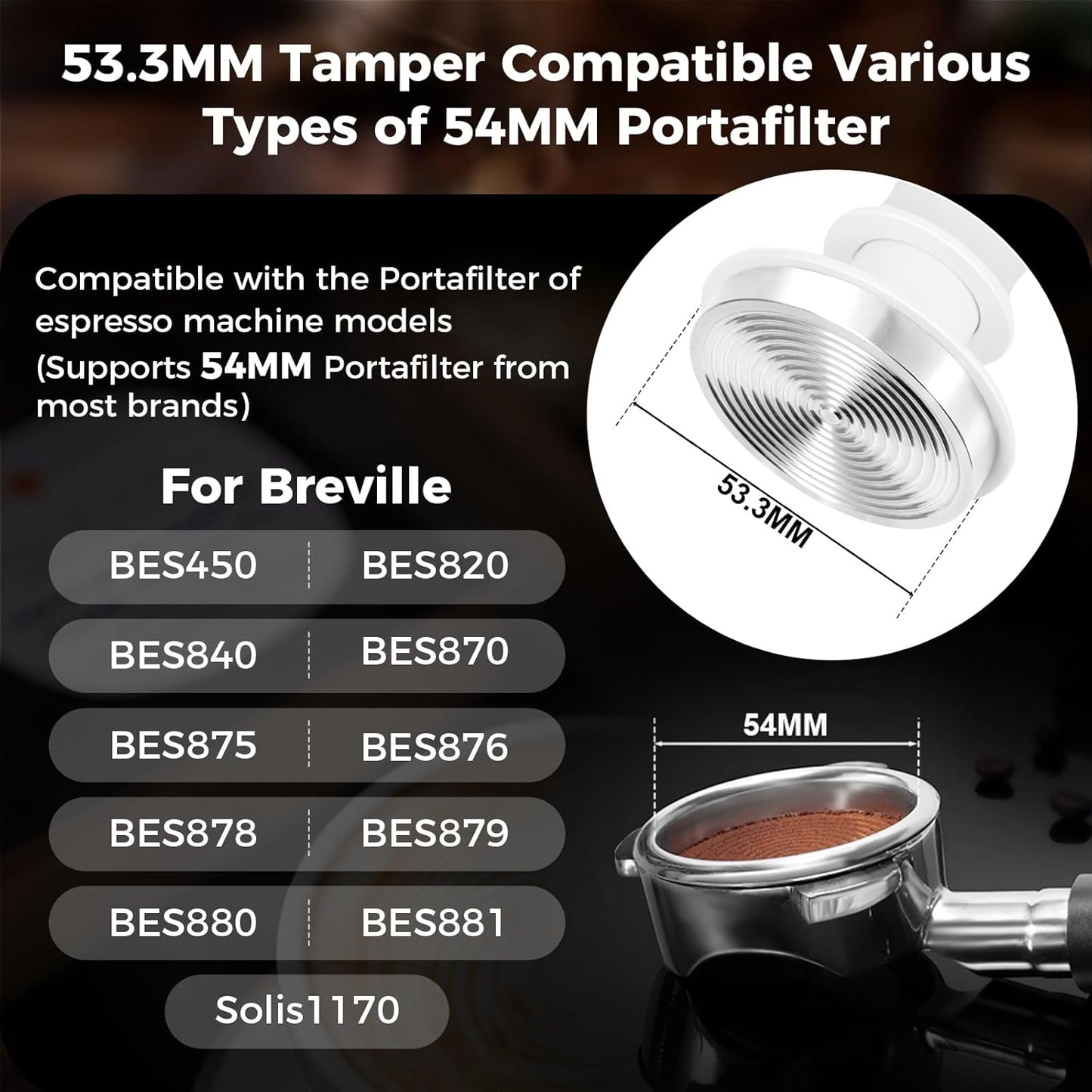 IKAPE 53.3mm Espresso Tamper, Premium Barista Coffee Tamper with Calibrated Spring Loaded, 100% Flat Stainless Steel Base Tamper Fits for Breville Series 54mm Portafilter Basket(White)