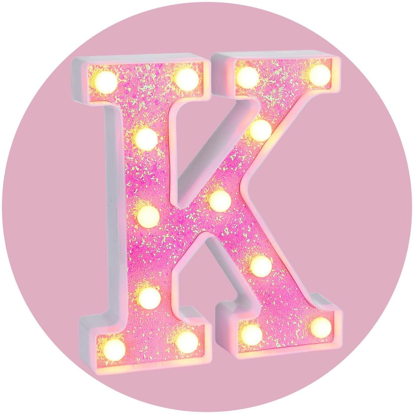 Foaky Pink Light up Letters，Pink Party Decorations,Girls Room Decor,Glitter Light Up Letters,Alphabet Letter Sign for Night Light Birthday Party Girls Gifts, Home Bar Decoration（K）