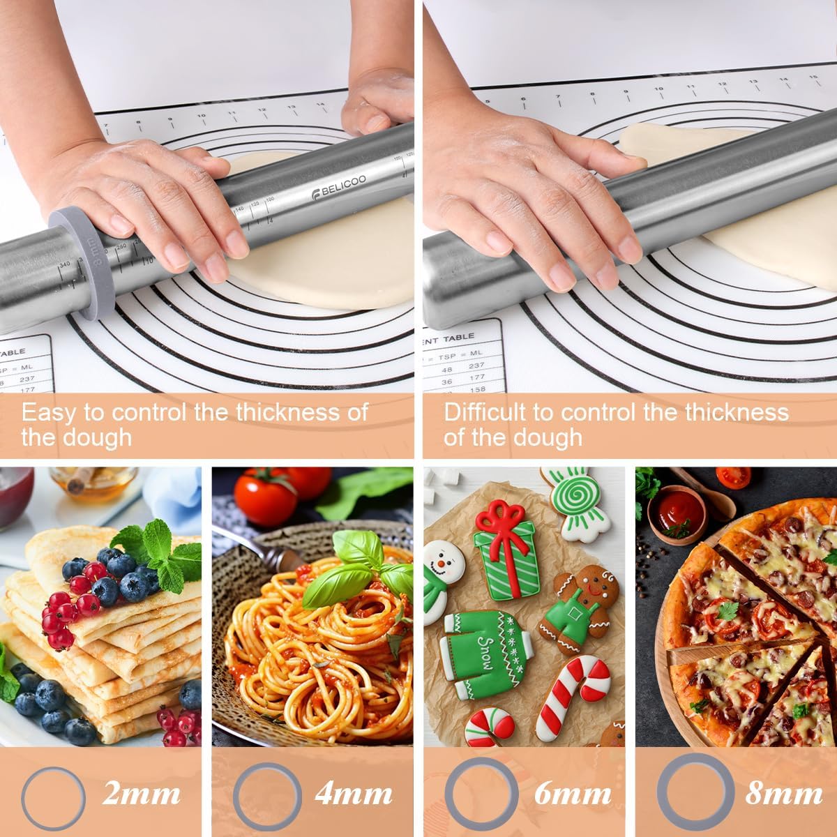 Rolling Pin and Silicone Pastry Mat Set, Adjustable Stainless Steel Dough Roller Pin with Silicone Brush for Pizza, Pie, Cookie, Pasta and Bread (Grey, 16.1 '')