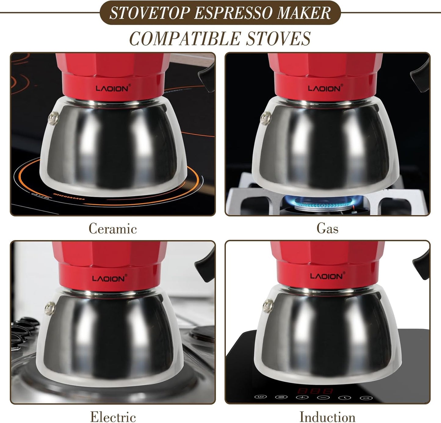 Stovetop Espresso Maker, 6Cup Moka Pot, Espresso Machine Compatible with Induction Cooktops, 300ml Stainless Steel & Aluminum Cuban Coffee Maker for Cafetera Cubana, Red