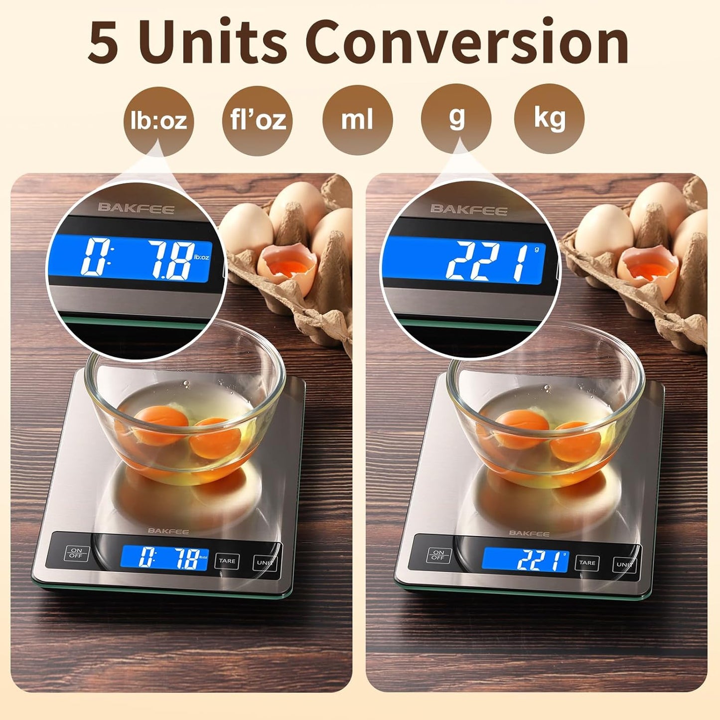 Food Scale, 33lb Digital Kitchen Scale with Stainless Steel & Tempered Glass, USB Rechargeable, 1g / 0.05oz Precise Graduation, Waterproof and Sturdy Surface, for Cooking, Baking, Weight Loss