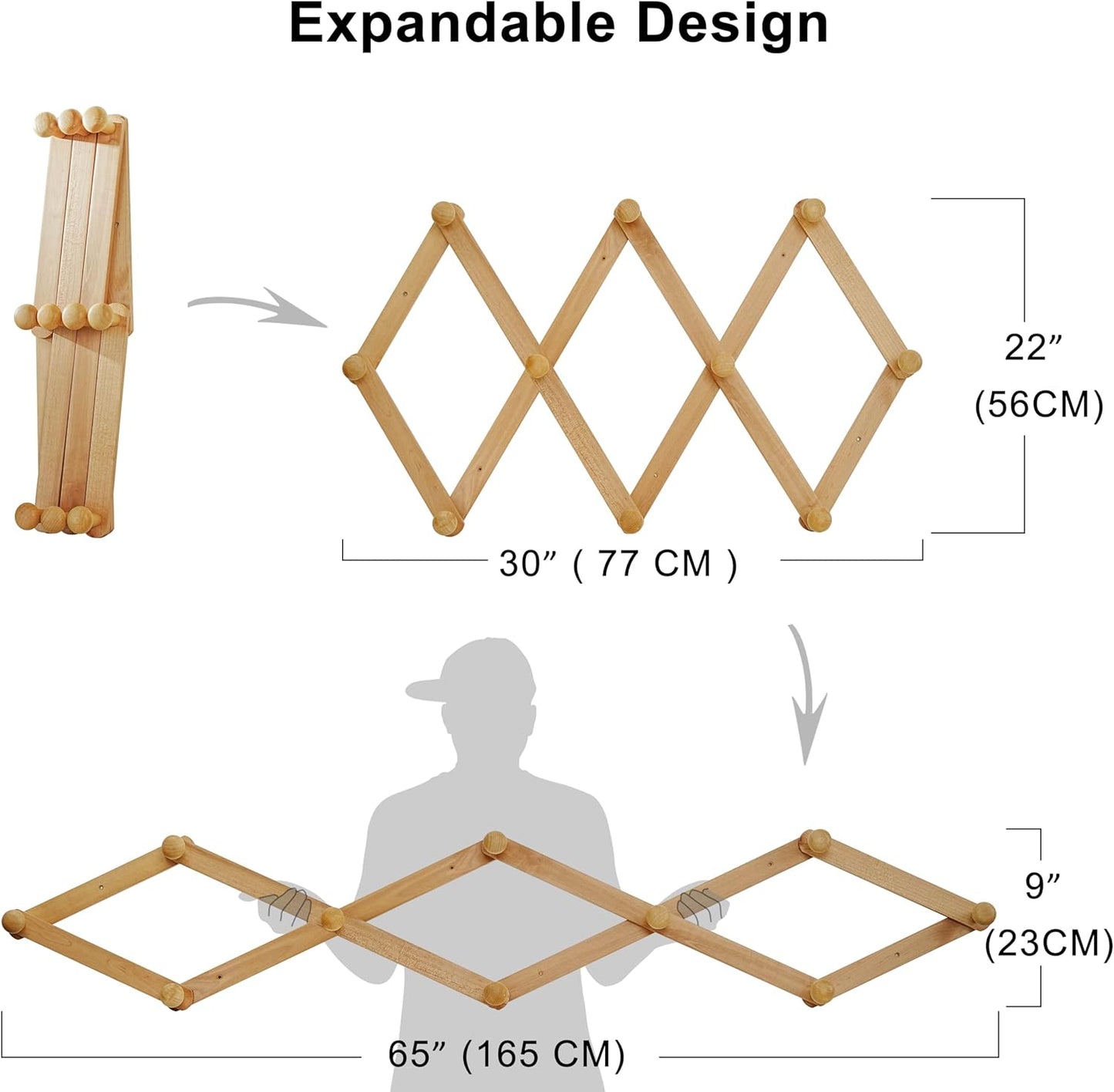 Dseap Expandable Coat Rack (Larger Version) - 24” High, Anti-Slip, Ultra Heavy Duty Wooden Accordian Wall Hanger with 10 Study Peg Hooks for Clothing Hats Jackets Bags, Brown