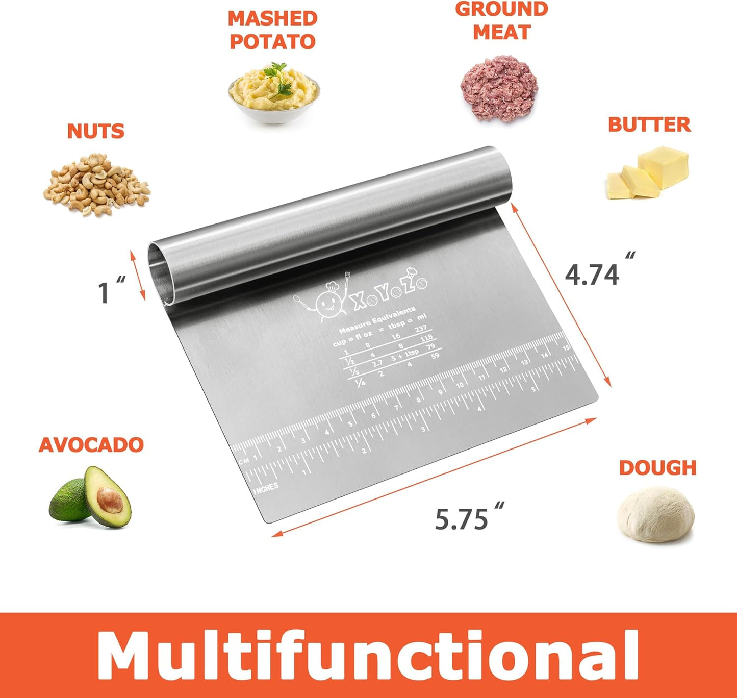 Bench Scraper Dough Pastry Cutter Stainless Steel Blade Kitchen Baking Tools for Butter, Cake, Onion, Vegetable