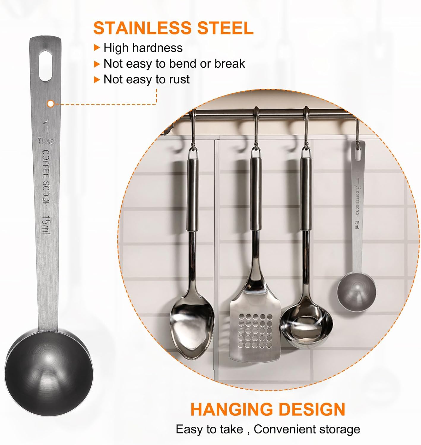 HARFINGTON 3pcs Coffee Scoop Spoon 1tbsp (3tsp, 15ml) 304 Stainless Steel Long Handle Teaspoon/Tablespoon Measuring Spoons Scoops for Tea Sugar Kitchen, Black