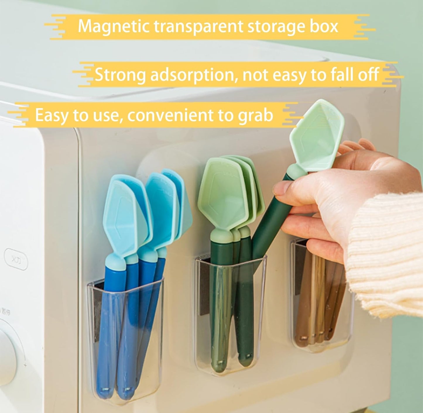 2 SET of 8 PCS Multi-functional sealing clip with measuring spoon Magnetic Coffee Measuring Spoon Sealing Clips with Wall Container Mount, PP materia, Deep Bowl Design (Green)