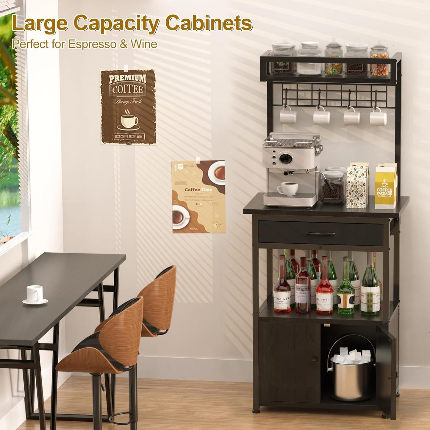 5-Tier Coffee Bar Cabinet & Microwave Stand with Storage, 2 Doors, 4 S-Hooks Kitchen Appliance Bakers Rack for Spices, Pots,Coffee Station for Small Spaces,Living Room,Entryway,Black