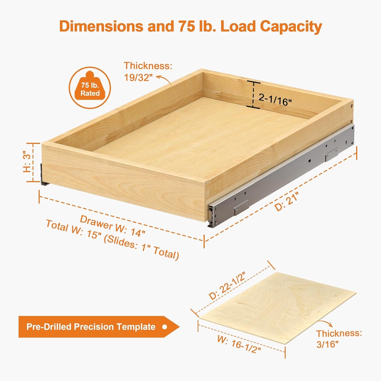 ALINE FURNITURE Pull Out Drawers for Cabinets Birch Wood, 15" W X 21" D Soft Close Slide Out Shelves for Kitchen Cabinets, Pullout Drawer for Pantry Cabinet Organizer