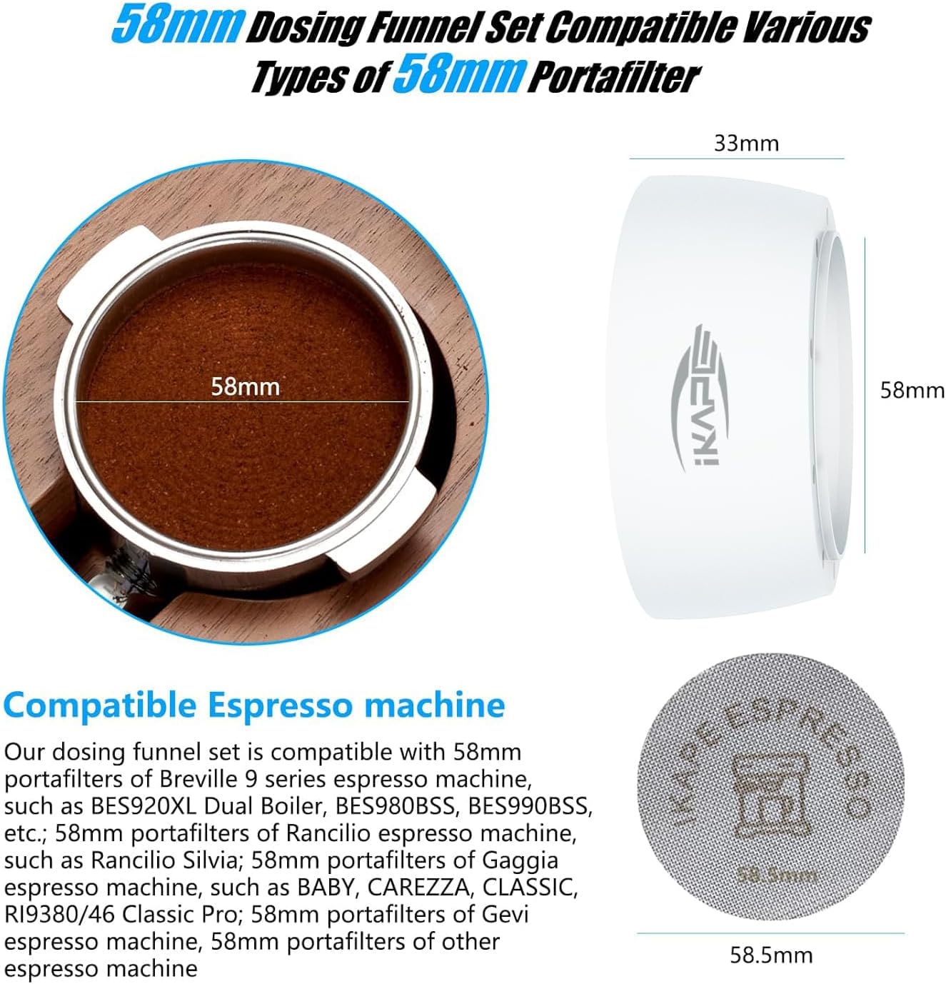 IKAPE Magnetic Dosing Funnel Set, 58MM Espresso Dosing Ring & Puck Screen Kit Compatible with 58MM Bottomless Portafilter - with 10 Small Magnet (White)
