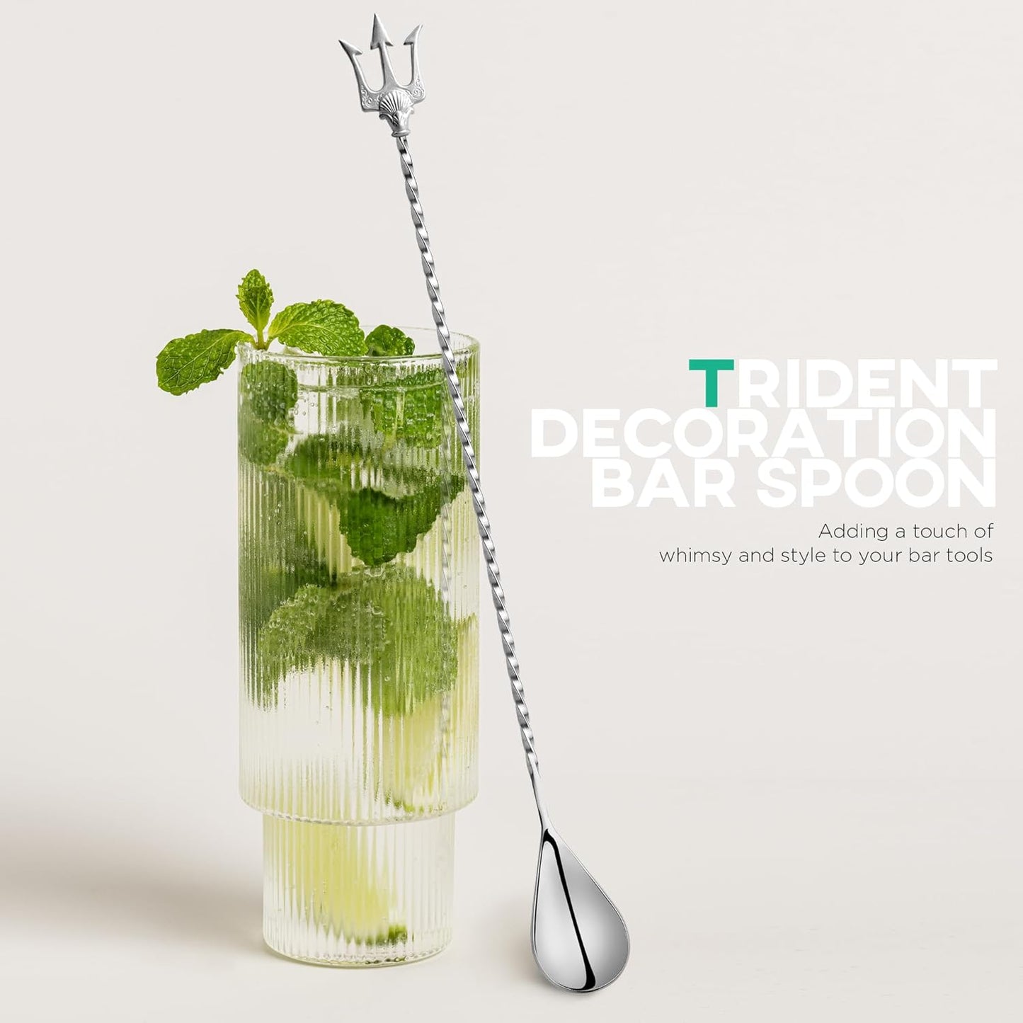 Homestia 12-Inch Ocean Series Bar Spoon, 304 Stainless Steel Cocktail Spoon for Layering Long Spiral Handle Mixing Spoon Stirrers for Drink, 2PCS Silver (Starfish and Trident)