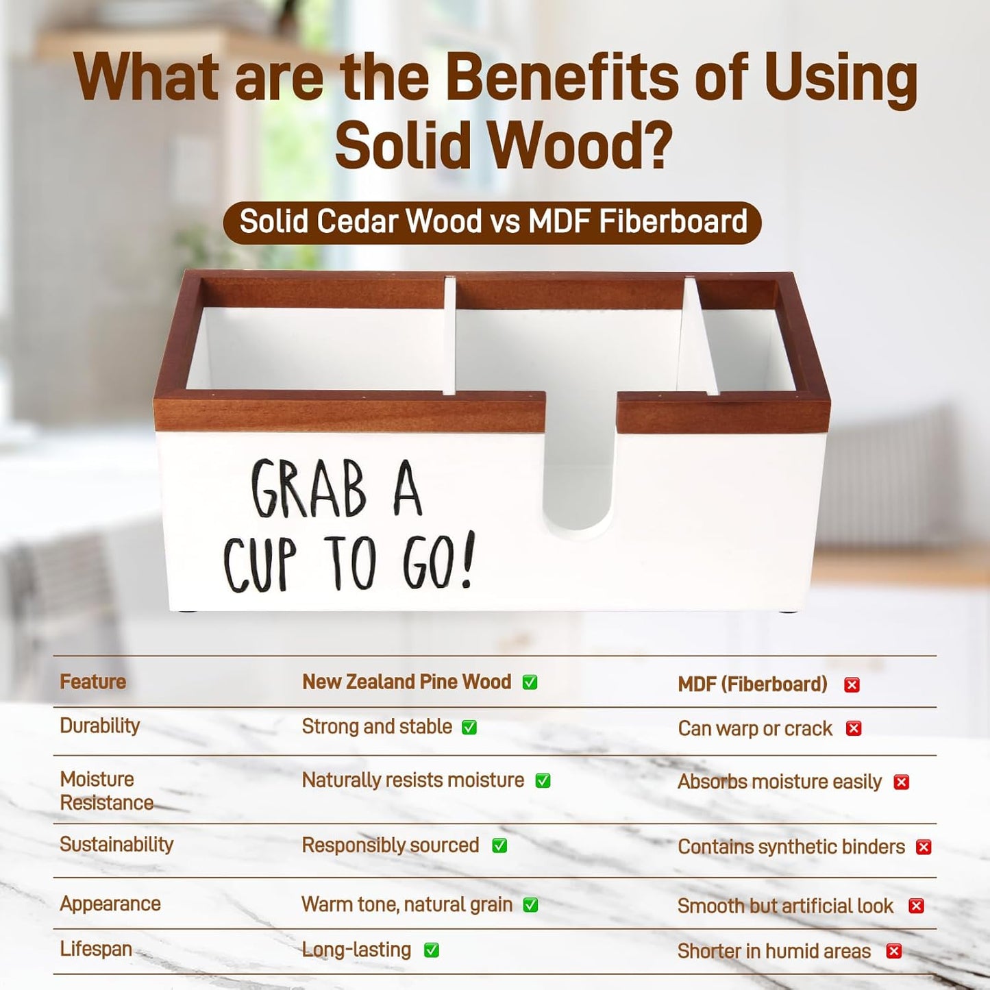 100% Wooden Coffee Cups Holder with U-Shape Cutout Design for Countertop-Coffee Bar Organizer for Cups, Lids, Pods, Stirrers, and Accessories, Great Gift for Home or Office (White)