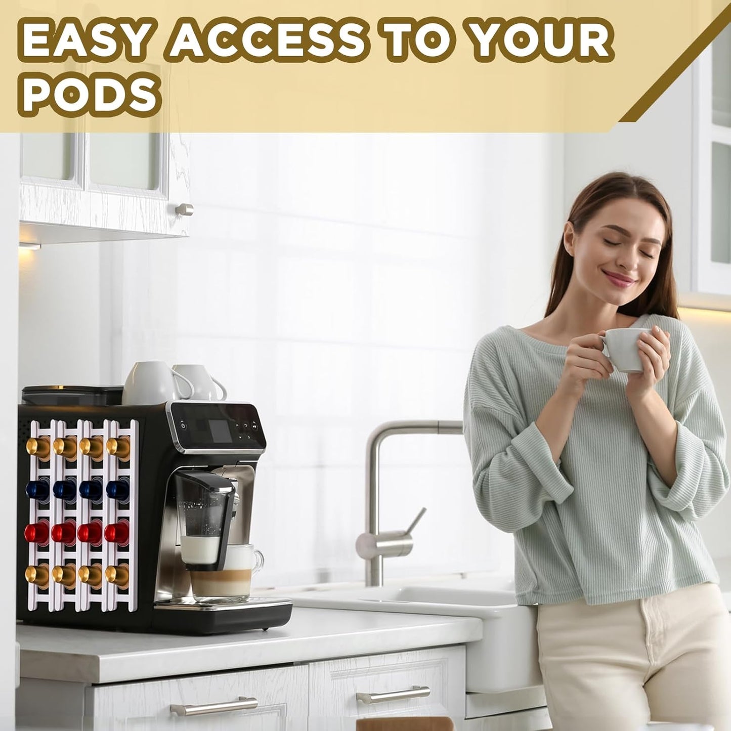 8 Pack Adhesive Coffee Pod Holder, 2 Different Size Holds 20 Capsules, Wall or Cabinet Mounted Coffee Capsule Rack with Adhesive Strips, Vertical or Horizontal Mount