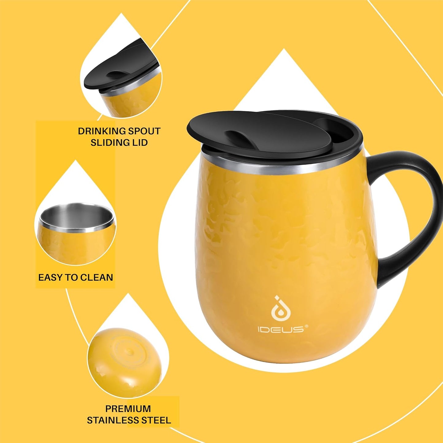 Ideus 16 oz Insulated Coffee Mug with Handle and Lid, Double Wall Stainless Steel Vacuum Thermal Coffee Mug, Travel Coffee Cup Thermal Cup for Home and Office, Leopard Yellow