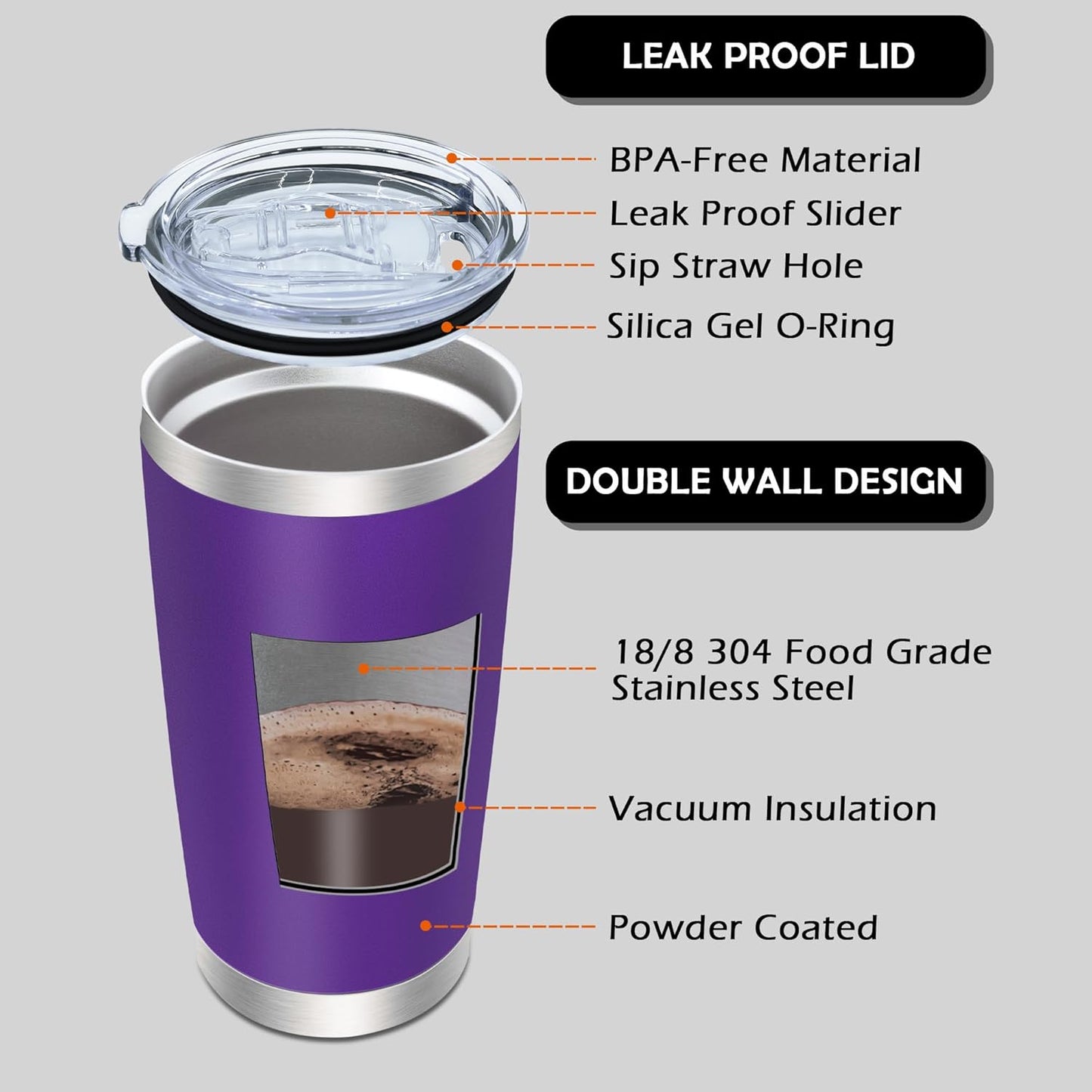 20oz Tumbler Bulk Stainless Steel Tumblers with Lid Vacuum Insulated Double Wall Travel Coffee Mug Powder Coated Tumbler Cup for Hot and Cold Drinks(Purple, 1 pack)