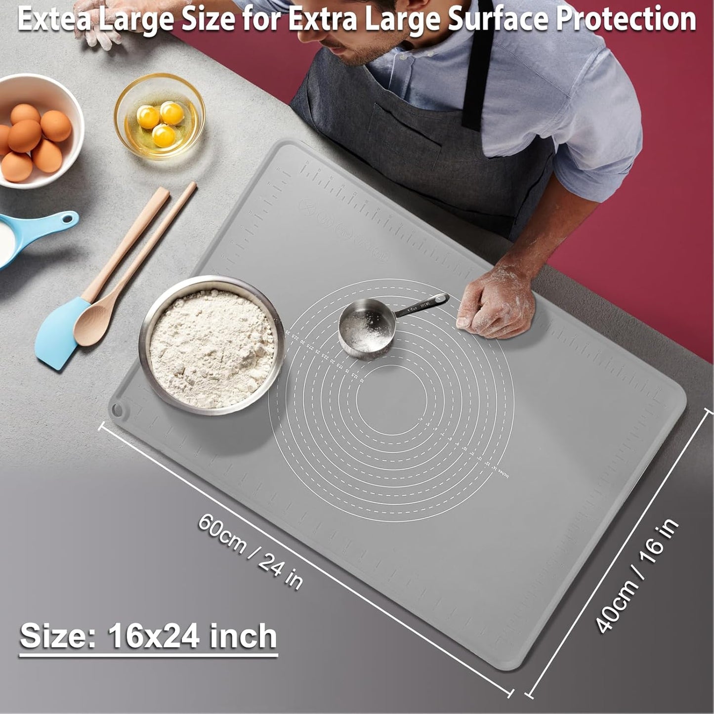 24"X16" Silicone Baking Mat Extra Large Non-stick Pastry Mat with High Edge, Dough Rolling Board for Pastry, Macarons, Pies, Bread, Cookies, Pizza, Fondant, Pasta, Food Grade Silicone Baking Supplies