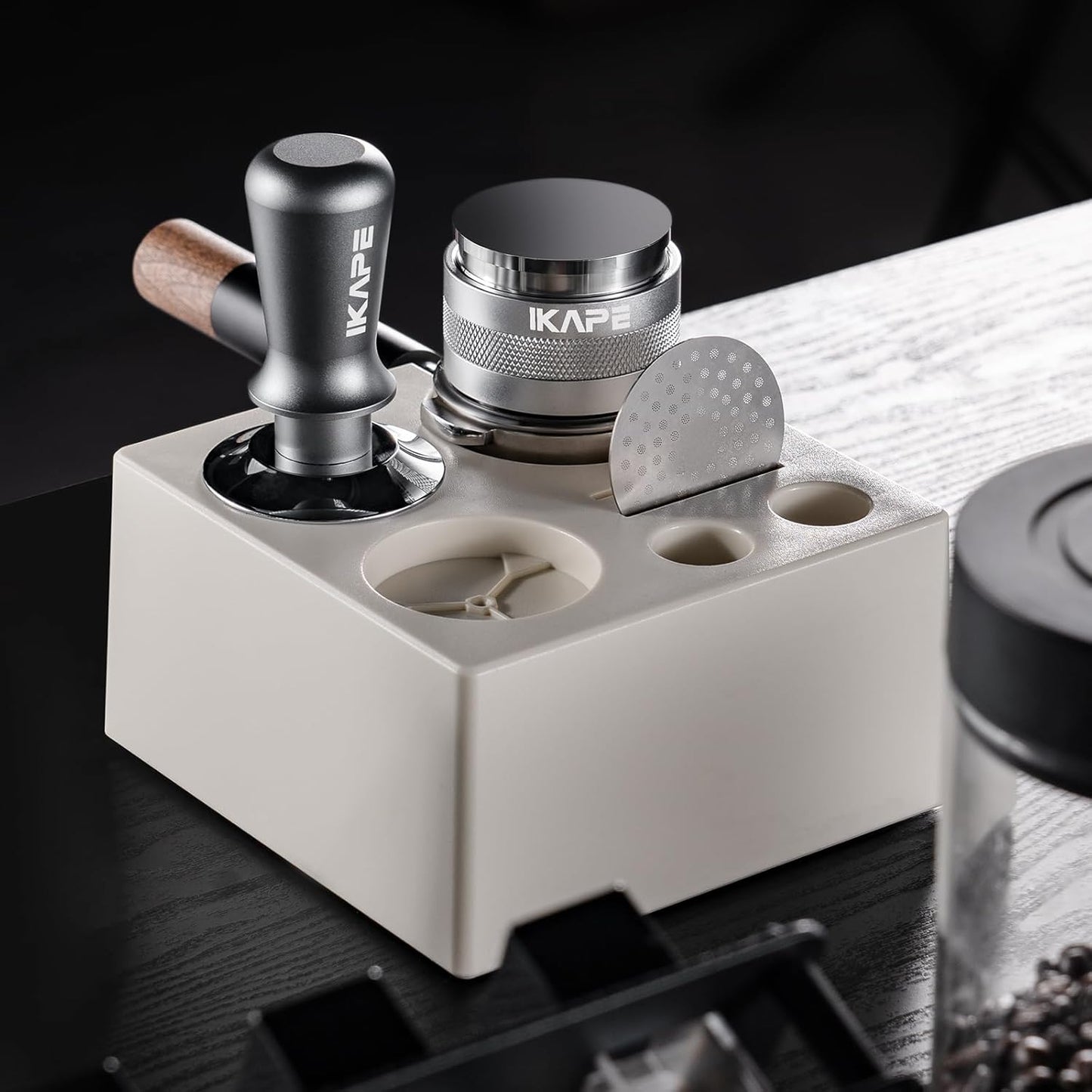 IKAPE 58MM Espresso Tamper Kit Silver 8 IN 1, Coffee Tamper Set comprising a Tamper, Distributor, Magnetic Dosing Funnel, Puck Screen, Station, WDT Tool, along with a Cleaning Towel and Brush