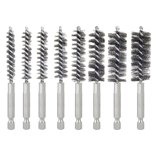 Bore Brush for Drill – 8pcs Stainless Steel Wire Tube Brush in Different Sizes, Twisted Wire Cleaning Brush with 1/4" Hex Shank, bore Brush Copper Pipe Cleaner for Power Drill & Tube Cleaning