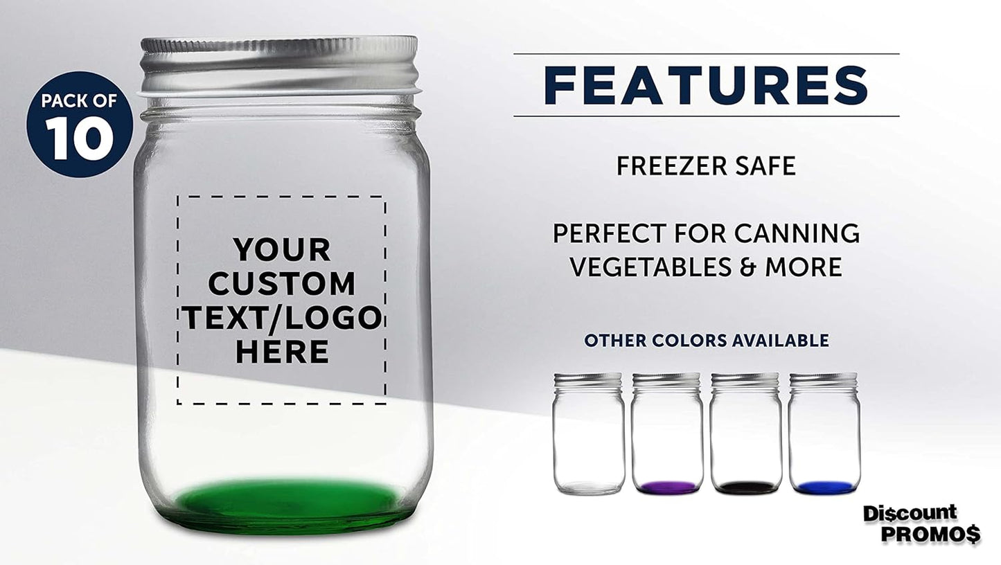 DISCOUNT PROMOS 10 Decorating Mason Jars Set, 12 oz. - Customizable Text, Logo - Canning, Aluminum Lid - Green