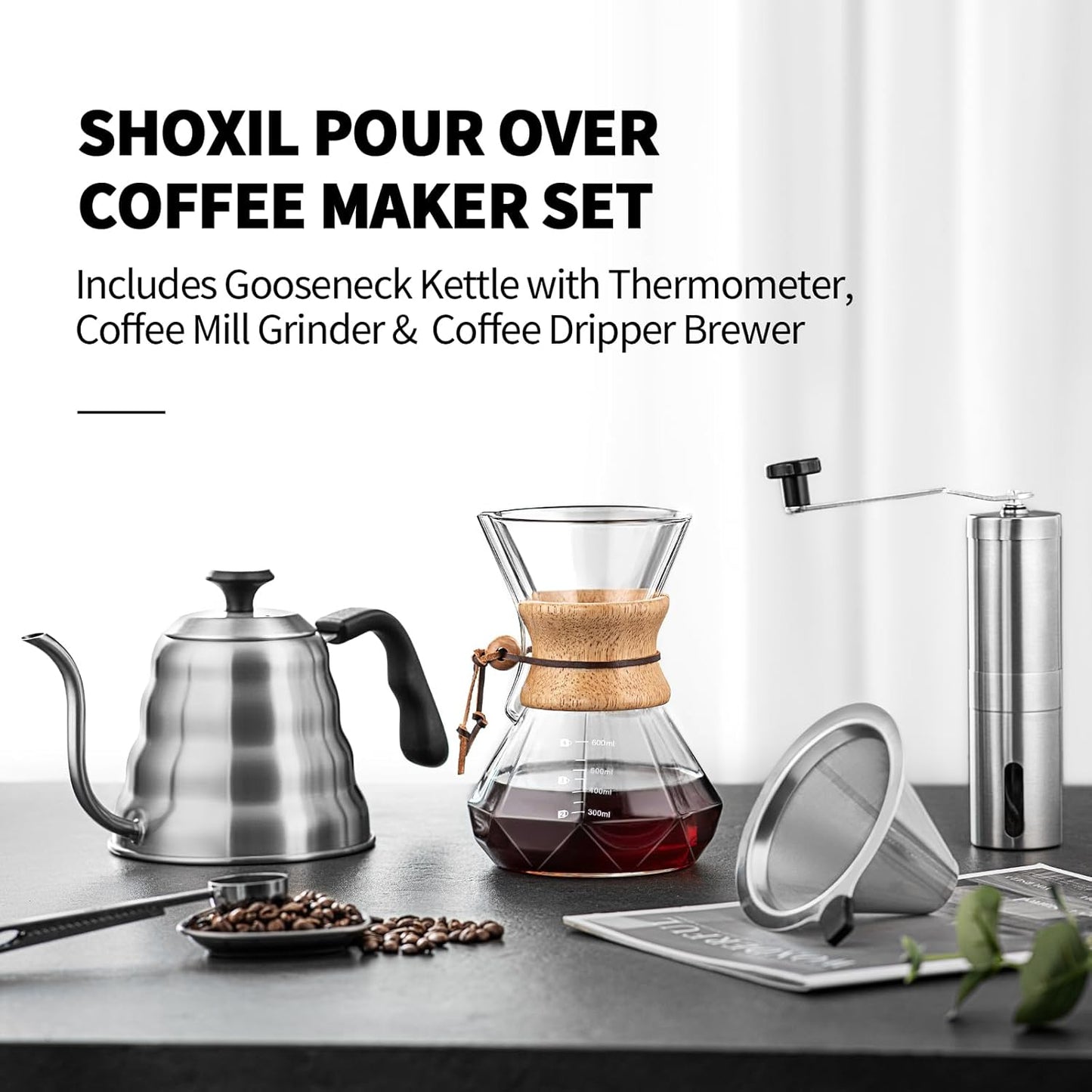 Pour Over Coffee Maker Set – 40oz Gooseneck Kettle with Thermometer, Coffee Grinder & 20oz Drip Coffee Maker – Stainless Steel Pour Over Coffee Set