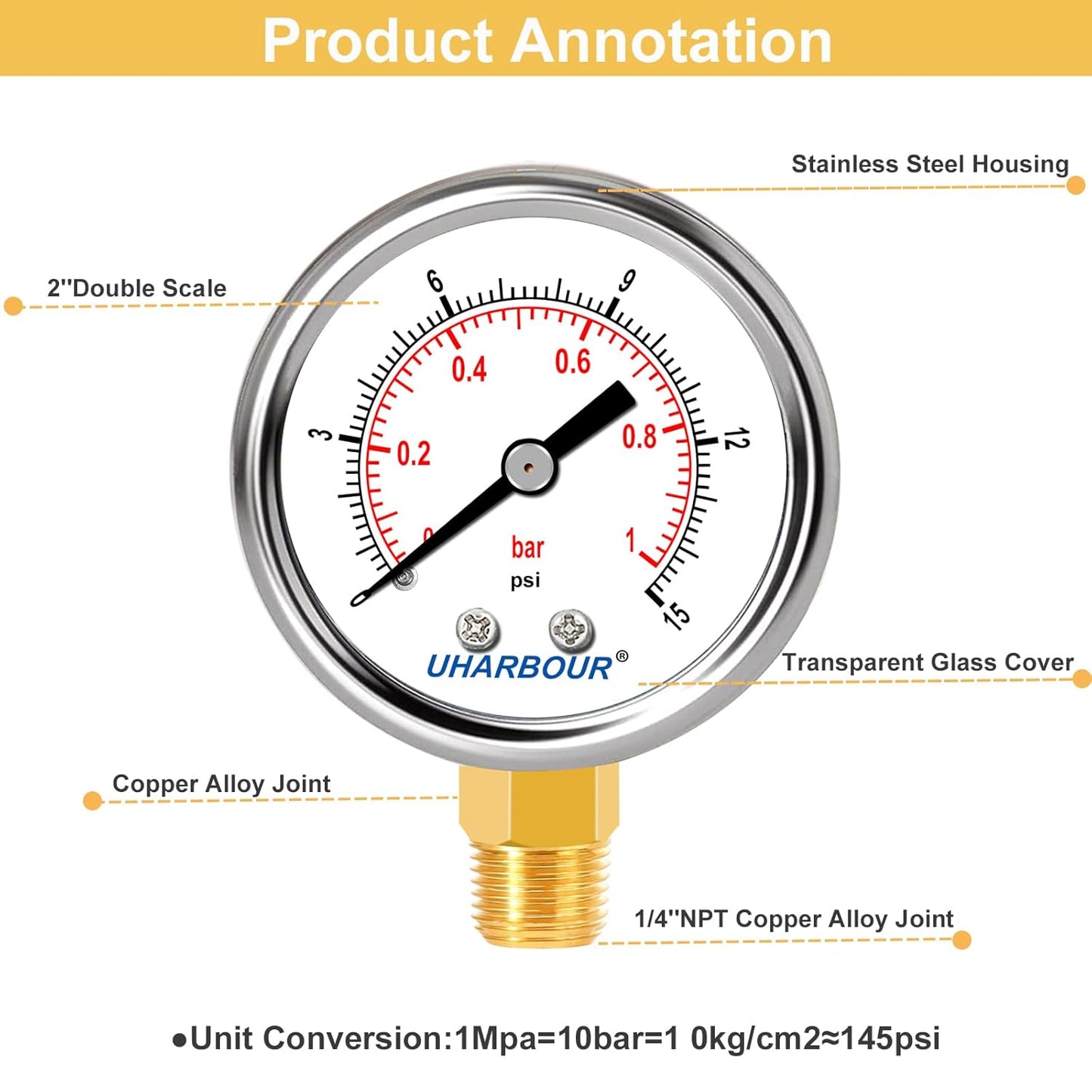Lead-Free Water Pressure Gauge Liquid Filled 0-15Psi 2" Dial, Stainless Steel Case, 1/4" NPT Lower Mount, Water Pressure Gauge for Home