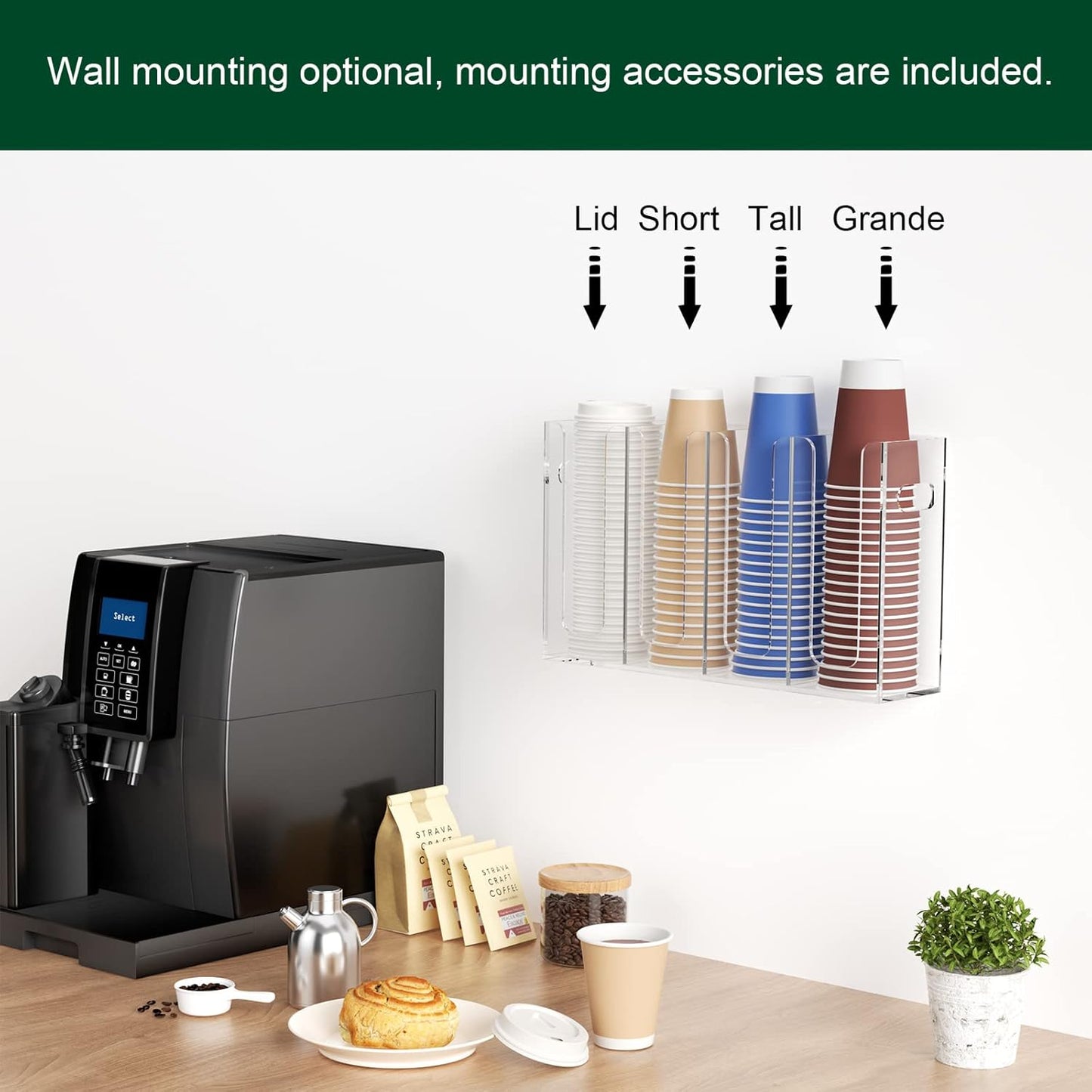 Disposable Coffee Cup Dispenser with Handles, Countertop or Wall Mount Hot/Cold Drink Cup and Lid Holder - Bathroom/Kitchen/Office Acrylic Cup Lid Storage Organizer (4 Compartments, Clear)
