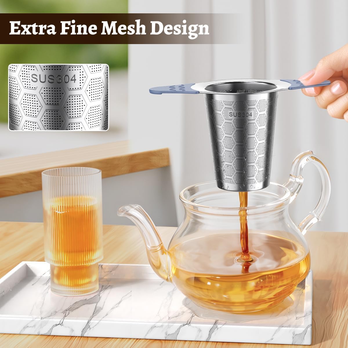 Tea Infuser for Loose Leaf Tea,Stainless Steel Tea Infuser with Heat Proof Silicone Handles,Extra Fine Mesh Tea Strainers Filter Fine Tea Leaves Effectively,Fits TeaPots/Mugs