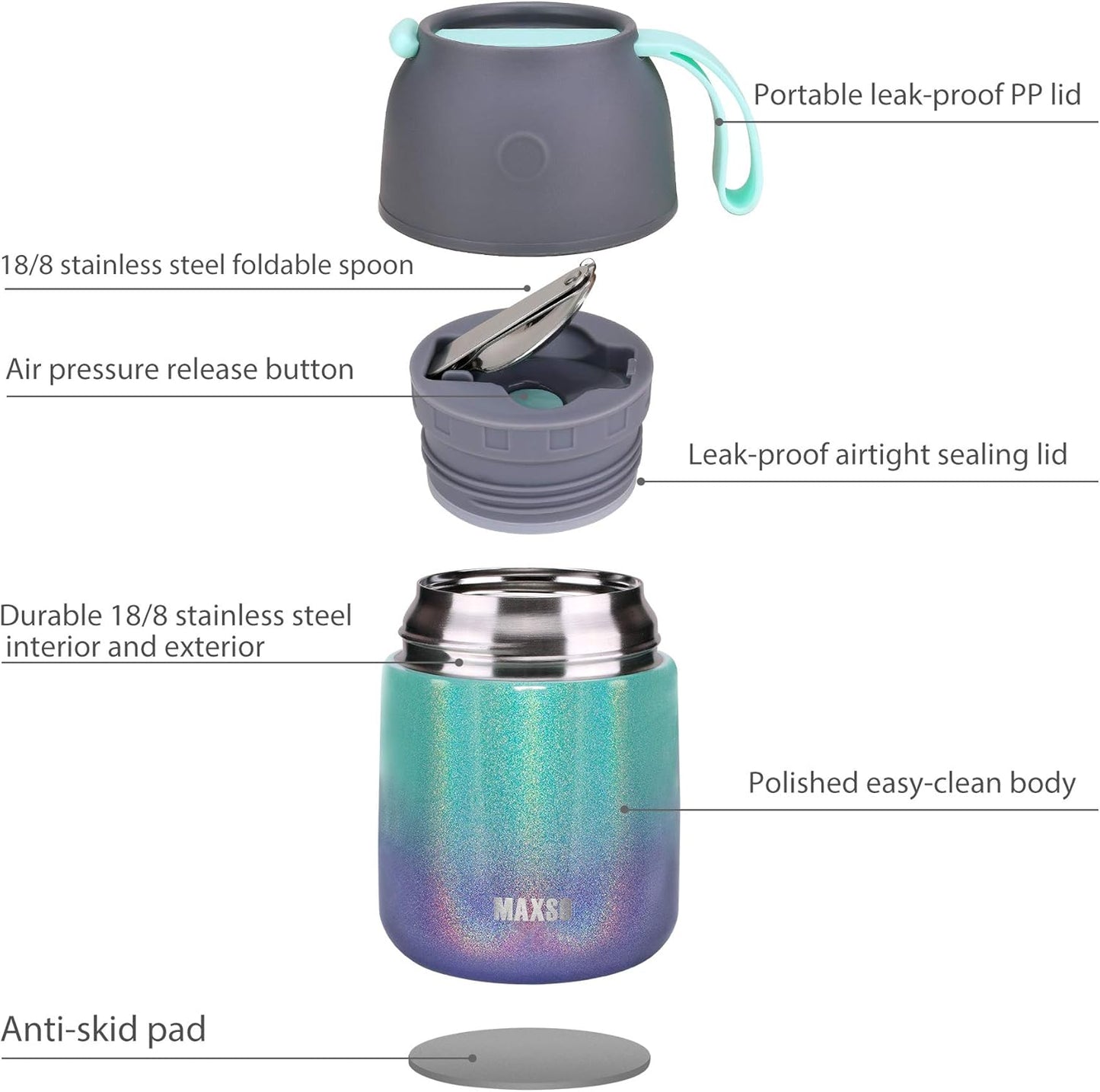 Insulated Thermo Soup Jar for Kids & Adults, 17 oz Stainless Steel Thermal Food Container with Spoon, Triple Layer Insulation (Rainbow)