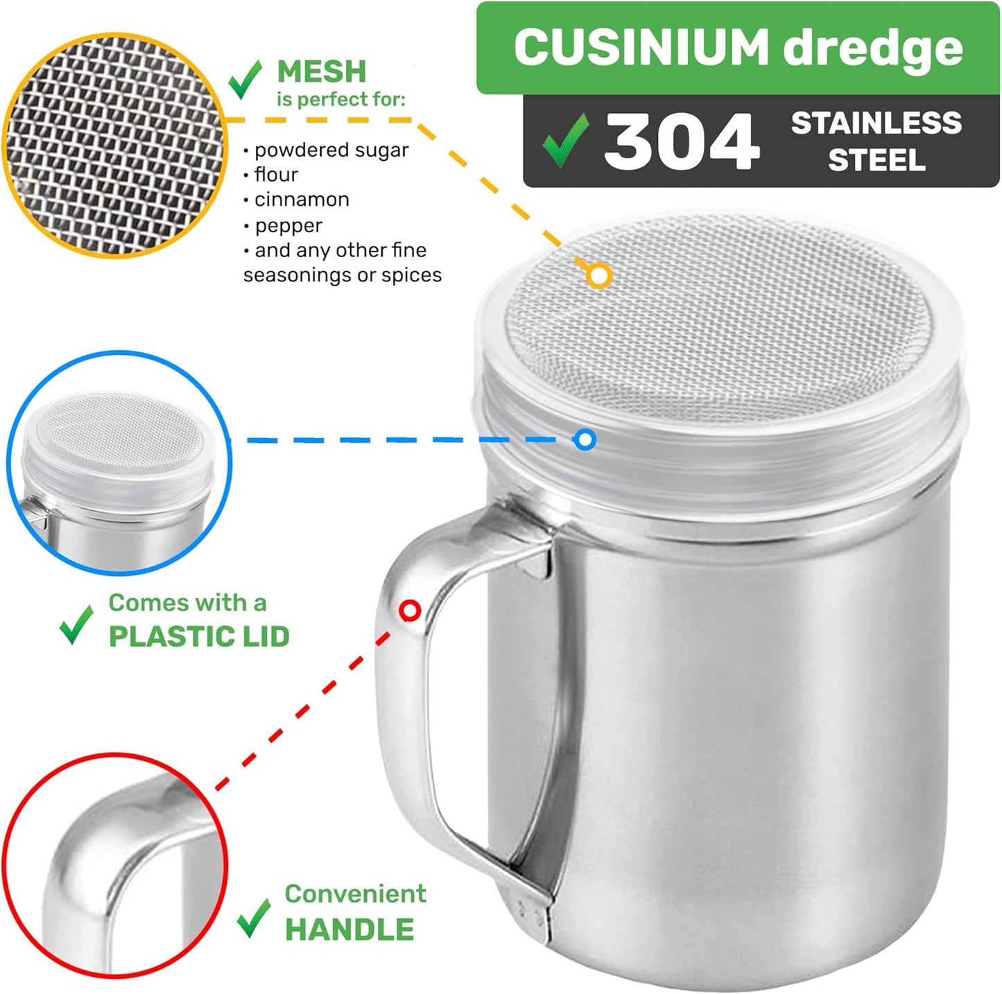 CUSINIUM Powdered Sugar Shaker Duster - With Handle - Cinnamon Shaker For Coffee Bar - Fine Mesh Dredge - 6 ounce, pack of 2 | Style: Fine