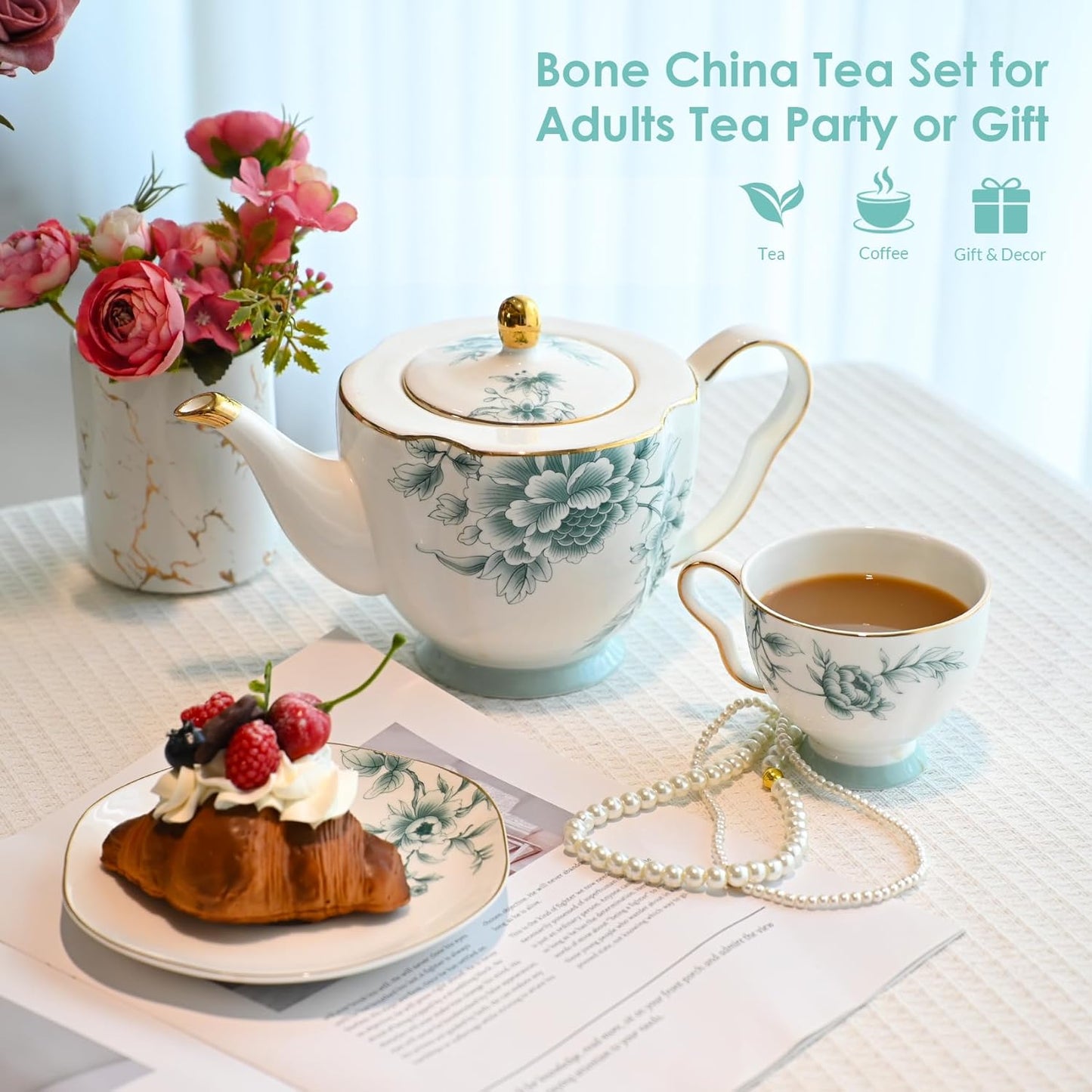 ACMLIFE Bone China Tea Cups and Saucers for 1, 6.8 oz Teacup Set for Adults, with Gold Trim and Gift Box, Blue and White Chinese English British Wedding Tea Set for One Coffee Cup Set (Blue-Leaf)