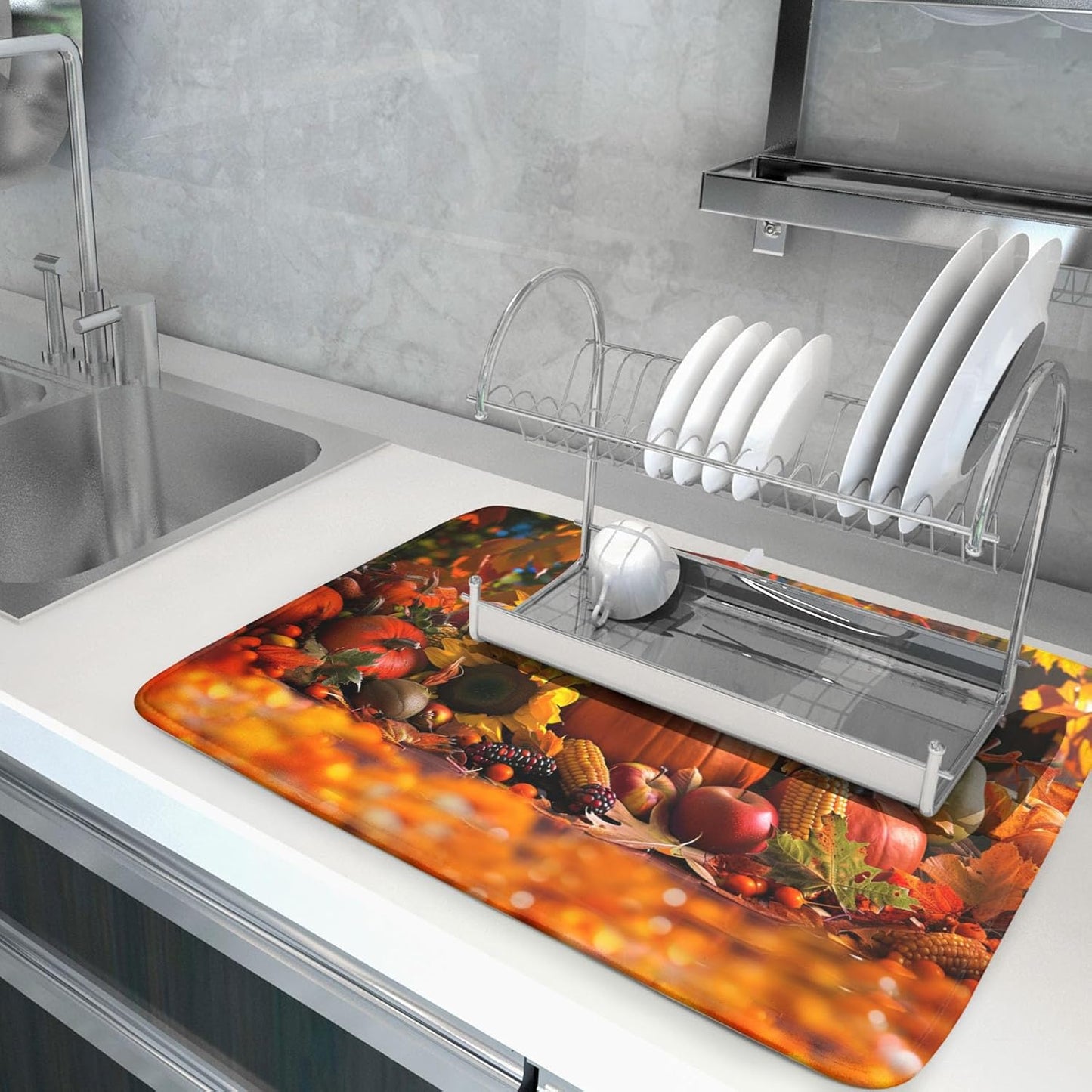 Fall Harvest Pumpkin Dish Drying Mat for Kitchen Counter,Thanksgiving Maple Leaves Sunflower Drying Mat 18 x 24 Inch with Absorbent Reversible Microfiber Dish Drying Pad for Coffee Bar