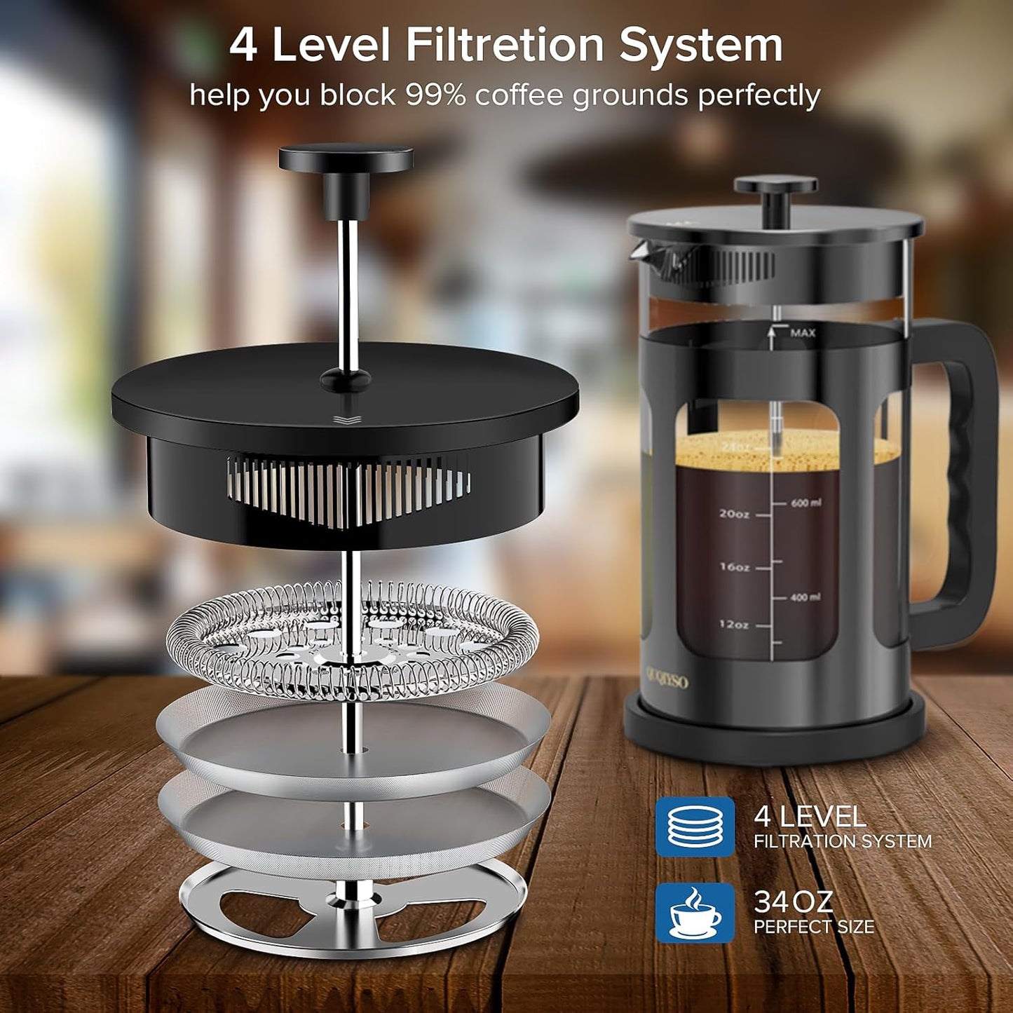 QUQIYSO French Press Coffee Maker 34oz 304 Stainless Steel French Press with 4 Filter, Heat Resistant Durable, Easy to Clean, Borosilicate Glass Coffee Press, 100% BPA Free Glass Teapot, Dark Pewter