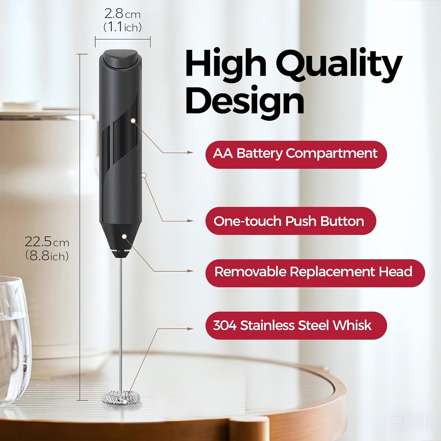 YARRAMATE Electric Milk Frother Wand, Fast Battery Operated Coffee Mixer, Handheld Drink Stirrer, Whisk Foam Maker for Lattes, Cappuccino, Matcha, Hot Chocolate (Black)