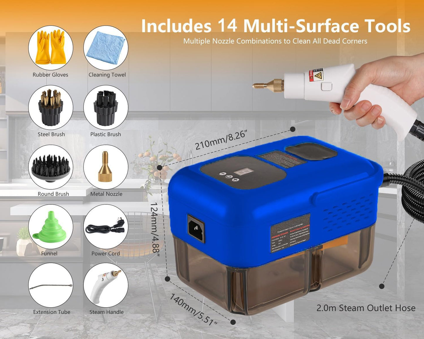 Handheld Steam Cleaner for Home, 2500W High Pressure Steamer for Cleaning, 9-Level Multipurpose Steam Cleaner for Car Floor Upholstery Kitchen Bathroom Grout Tile, 14 Accessories Included, Blue