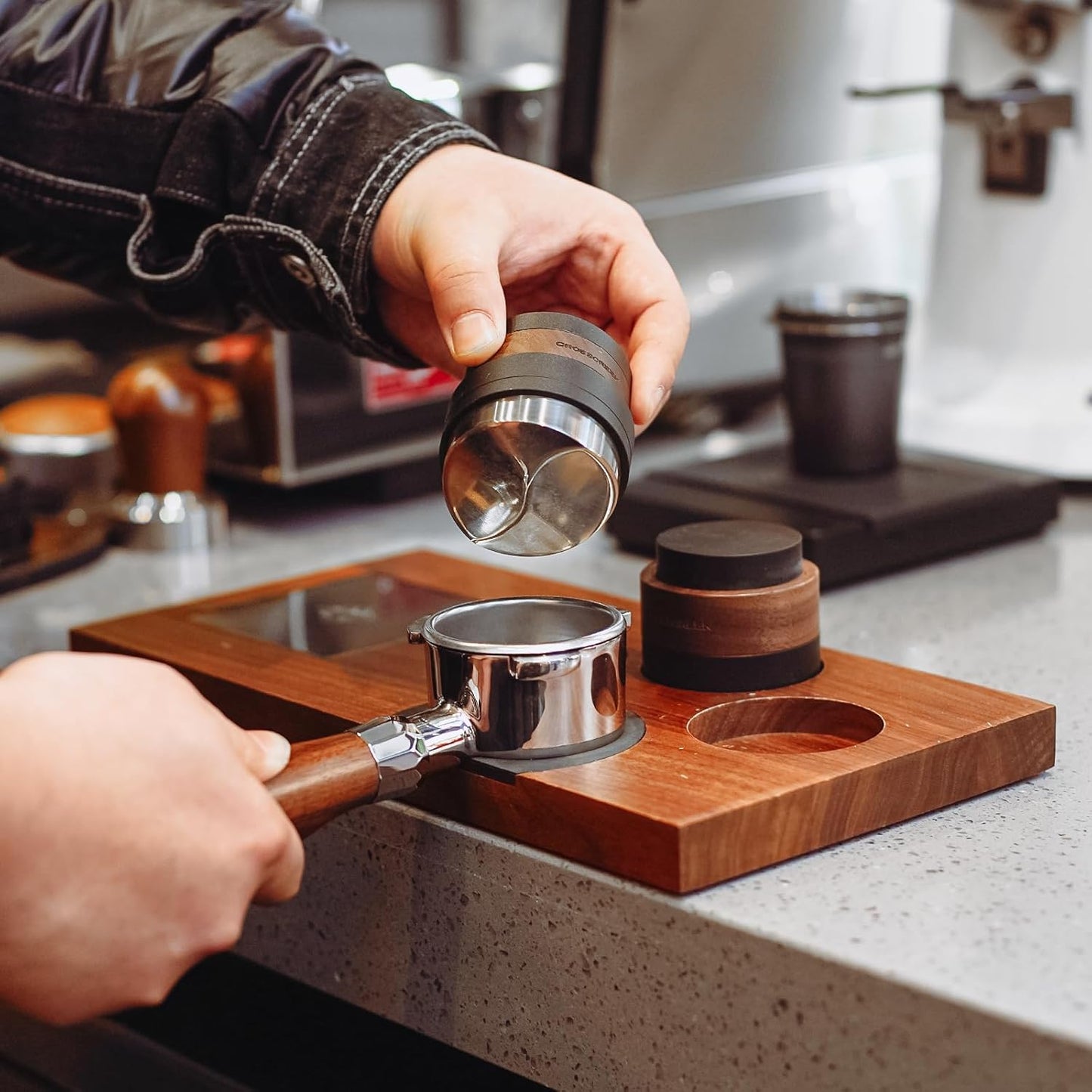 54mm Espresso Distributor | Gravity Adaptive Distribution Tools Fits 54mm Breville Espresso Portafilter | Self Leveling Distributor | Stainless Steel & Walnut | Espresso Machine Accessories